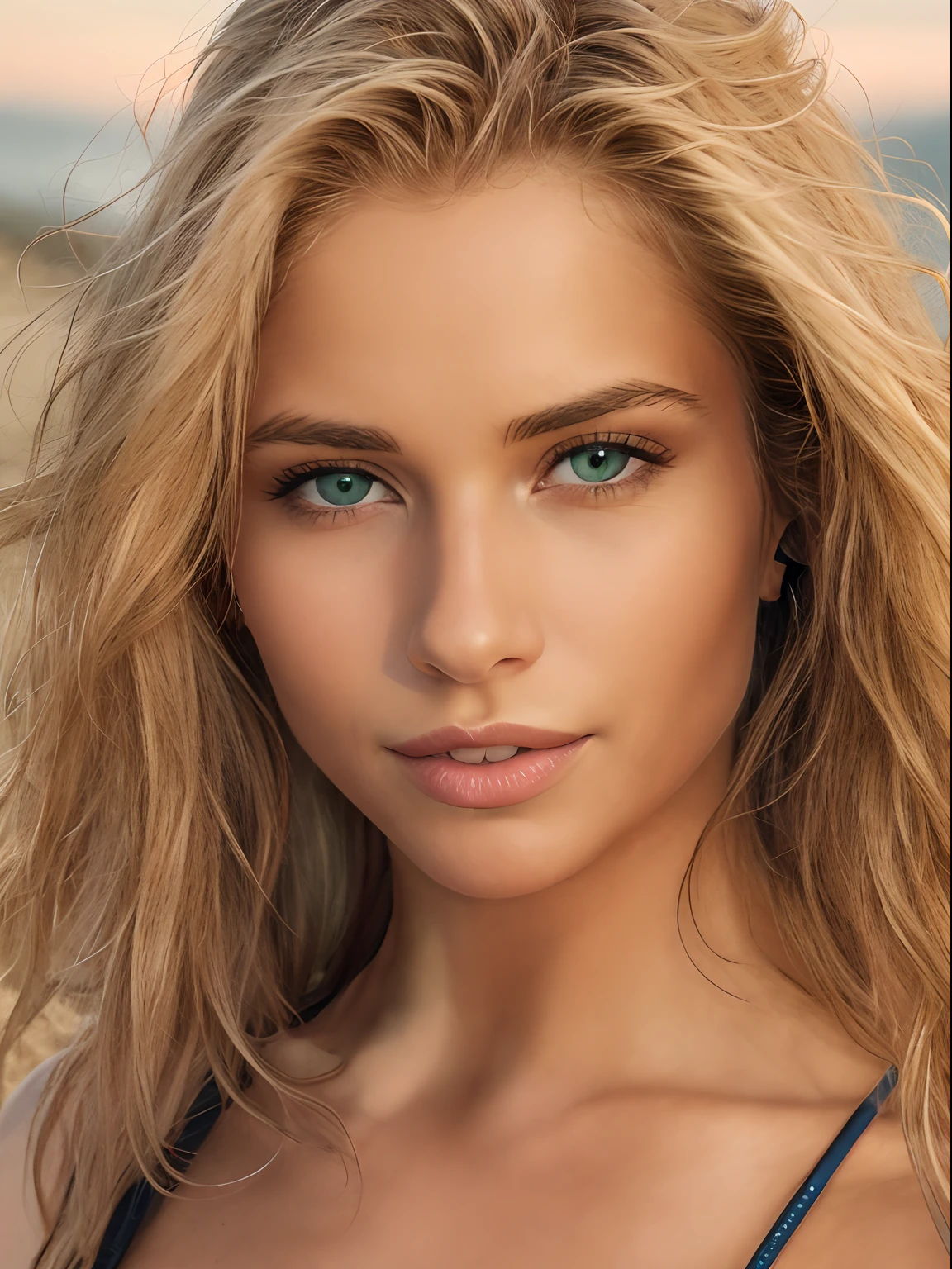 Hailey Olivia Smith, 1 girl 18 years old, Lange Haare, Blick auf den Betrachter, blondes Haar, green eyes, full entire body, Bikini, Lippen, realistisch, Nase, Flirten mit der Kamera, am Strand (4k-Foto:1.1) bis (Jeremy Lipking:0.3), (Dittmann Anna:0.3), (Arian Mark:0.3), (Scharfer Fokus:1.3), Hohe Detailgenauigkeit, beautiful detailed face, Beautiful detailed mouth, beautiful detailed eyes, Beautiful, detaillierte Nase, Haselnussbraune Augen, lange blonde Haare, (attraktive junge frau:1.3), (seductive:1.1), (Smileing:1.1), (flush:1.1), Hourglass Body Shape