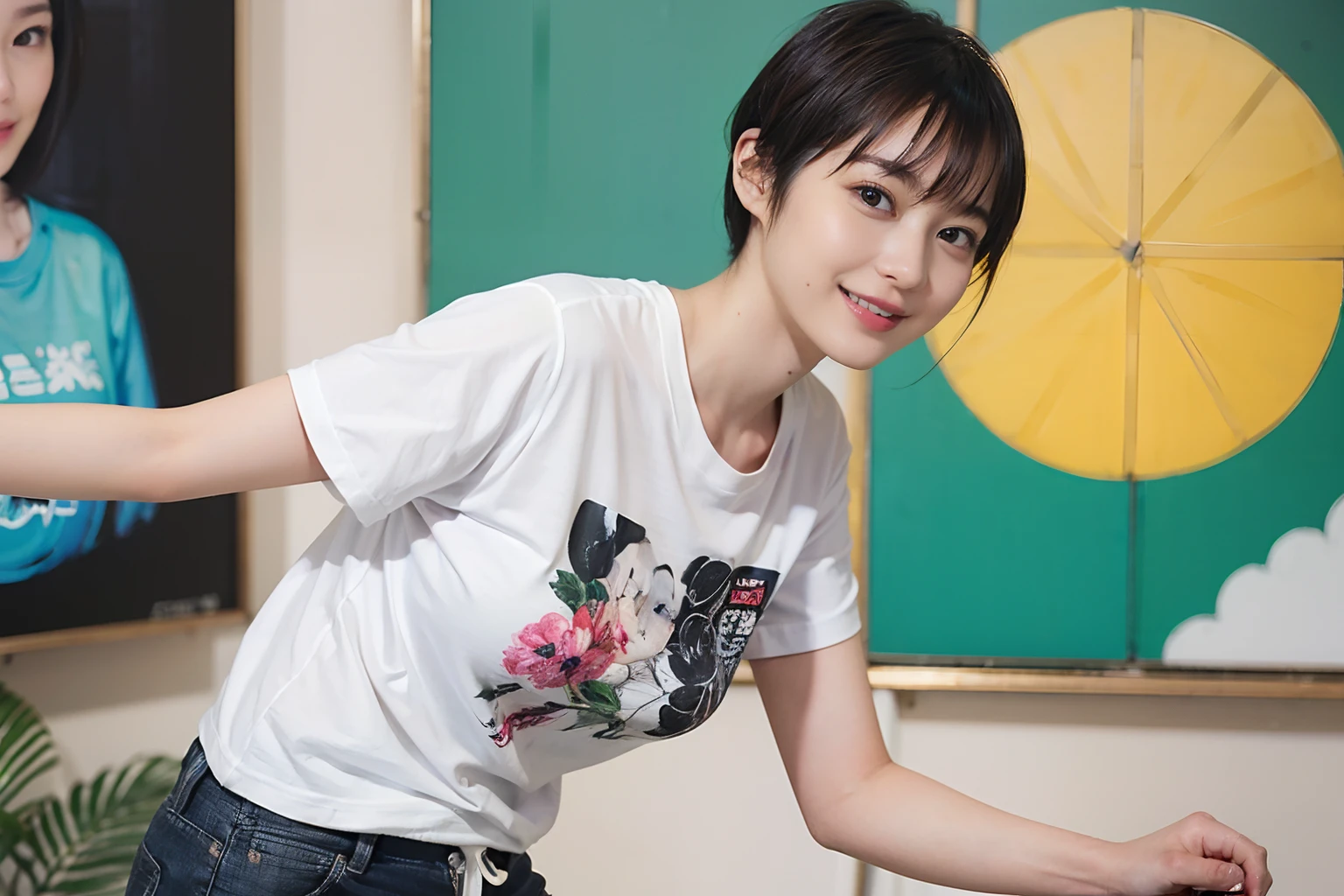 86
(a 20 yo woman,is standing), (A hyper-realistic), (masutepiece), ((short-hair:1.46)), (Smooth black hair), (Breast:1.0), (kindly smile), Wearing shorts, (Wear a T-shirt with a character design print), (Beautiful skin:1.5), Big paintings