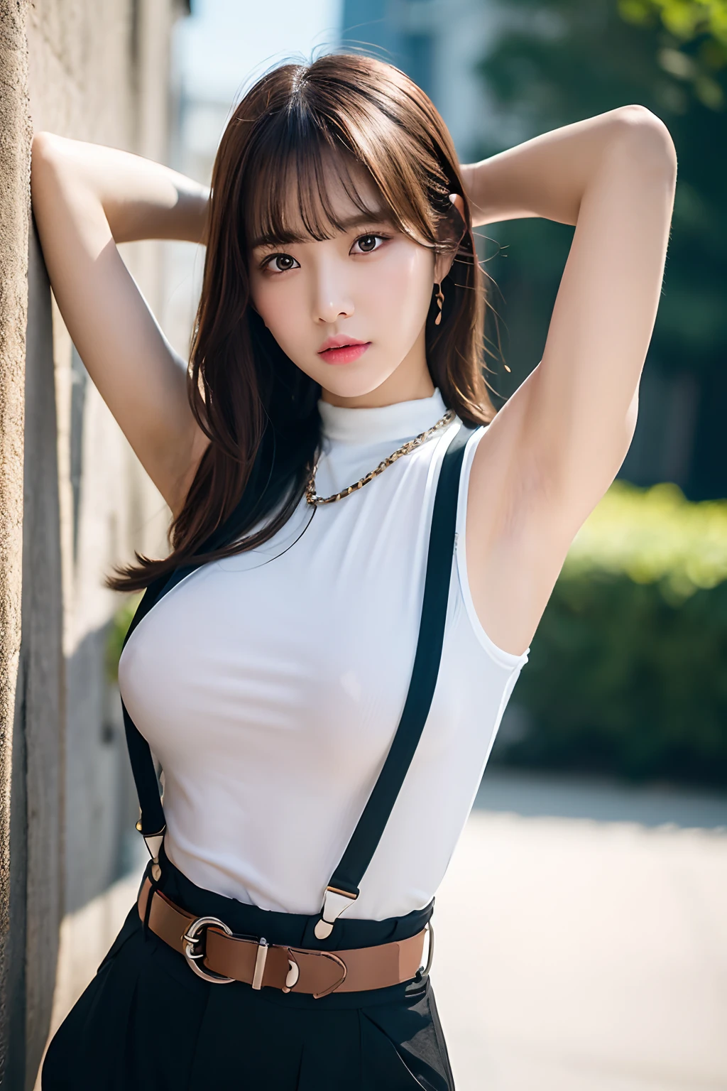 masterpiece、flat-colors、depth of fields、lens flare 1 girl、、Brown hair、watching at viewers black suspenders bulging big breasts Armpit sweat perspiring Side of both hands walls: Black pants, Black Suit Chain arma Gaze Small face Bangs Upper Eyes flank Colorcon Cutter shirt holster chain a belt bangss