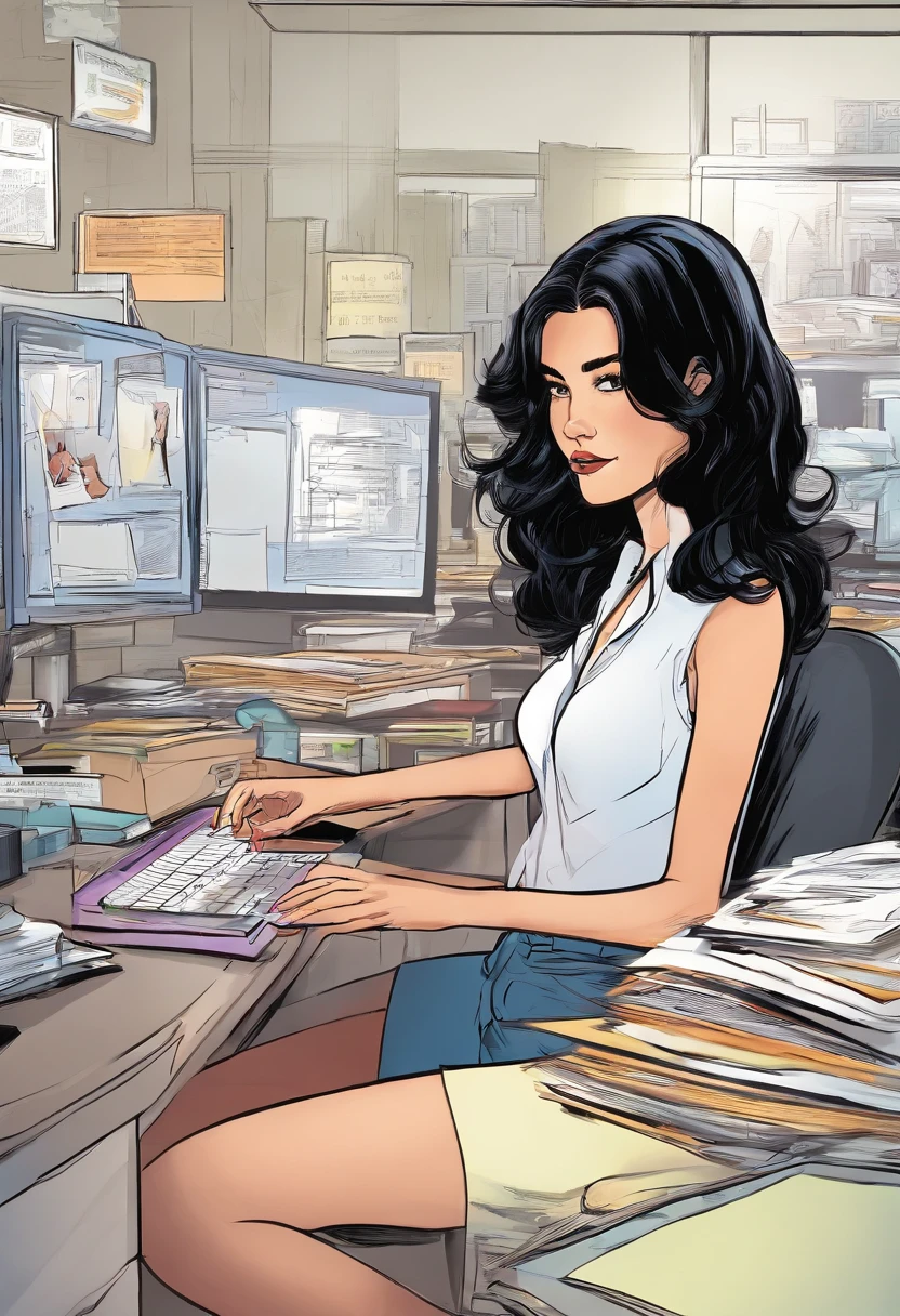 A girl with black hair, working in an office, Sitting,