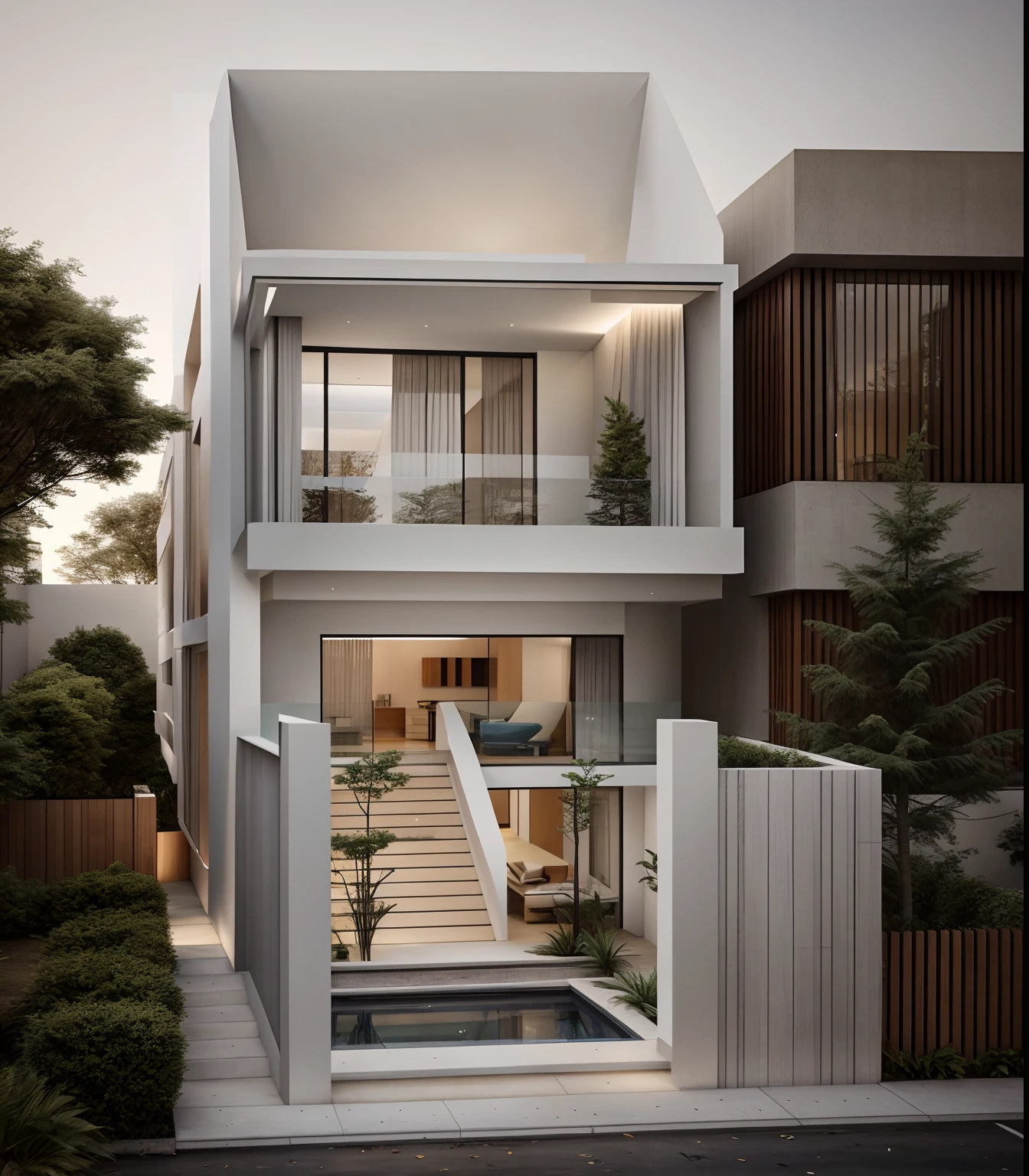 a drawing of a house with a staircase leading to a large glass window, high quality architectural art, architecture art, architectural illustration, contemporary architecture, mono,beautiful and realistic photos, busy surrounding space, realistic trees, surrounding landscape is the city, soft light, late afternoonchrome drawing, realistic architecture, architectural rendering, architectural sketch, in style of zaha hadid architect, architectural concepts, architectural concept, rounded architecture, architecture drawing, artistic drawing, exquisite architecture, beautiful artist rendering, architectural render