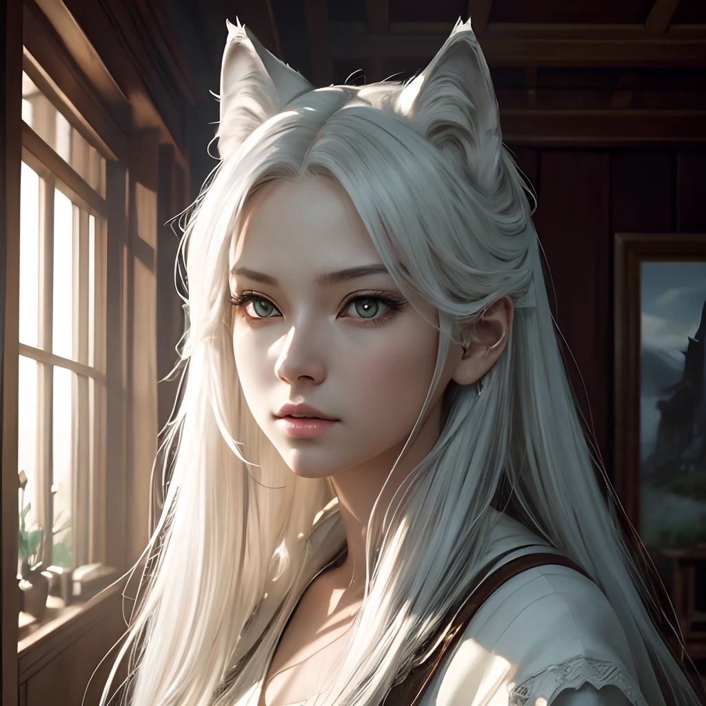 masutepiece, Best Quality, ((Beautiful and dense white wolf)) (Very detailed CG Unity 8K wallpaper), Professional majestic oil painting by Ed Blinky, Atea Geylang, Studio Ghibli, Jeremy Mann, Greg Manchessa, Antonio Moro, Popular on ArtStation, Trending Mid Journey and the CG Society by Greg Rutkowski, Convoluted, high detailing, Clear focus, Dramatic, Realistic painting, (Stand by the girl's side:1.2),
