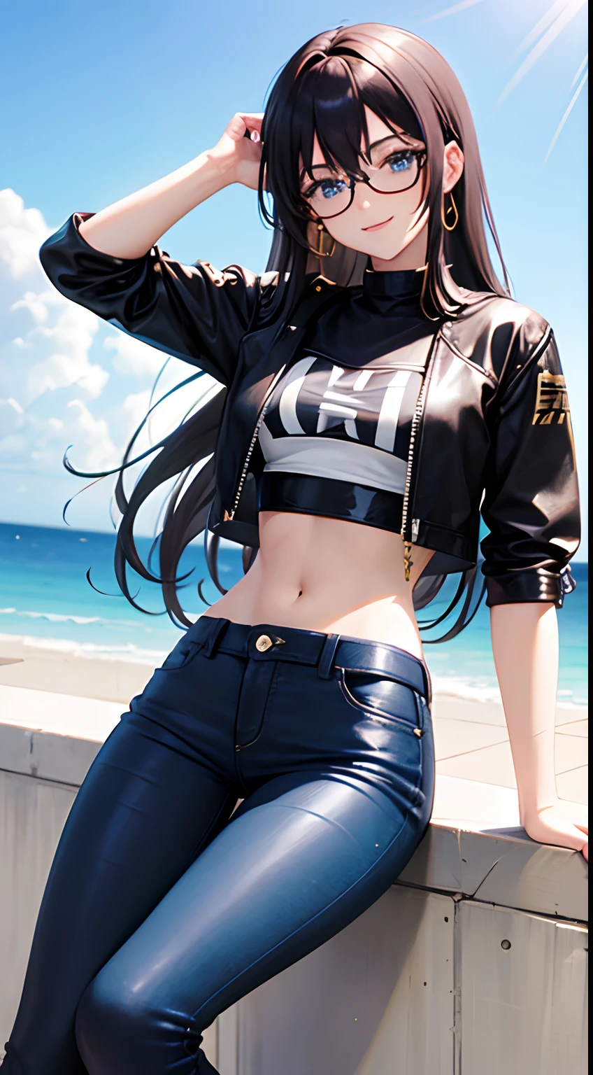 , anime girl, wearing crop top, leather jacket, shirt, skinny jeans, glasses, blue eyes, light gold long hair, smile, high quality, 8k