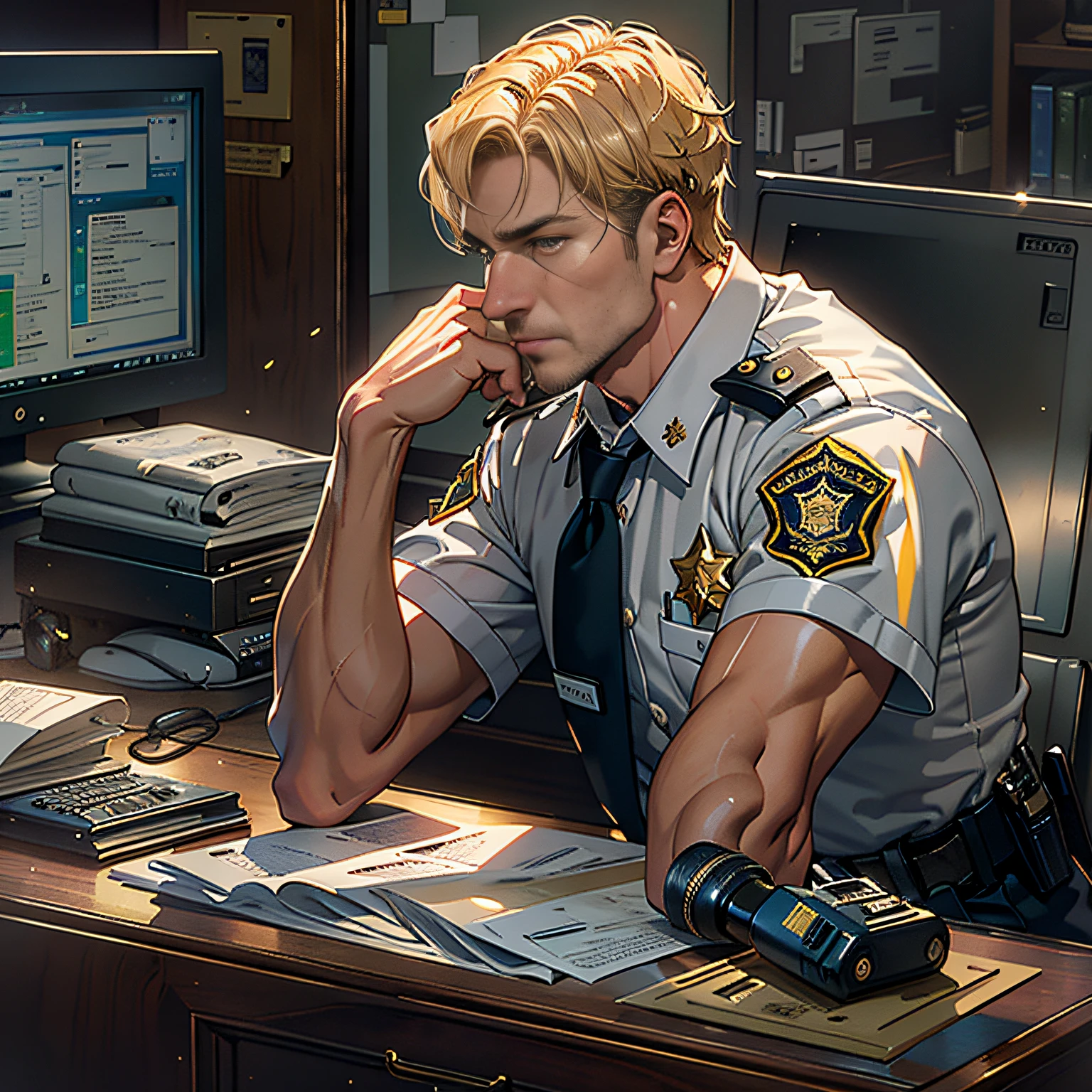 (Higher resolution, distinct_image) A person of the best, Masterpiece, Highly detailed, Half realistic, with short golden hair, 38 years old, Middle age, Tall and strong, police officer uniform, Office, Computer，distracted, unrestrained, Handsome, Domineering, Sanpaku eyes，Fine facial features, Facial details