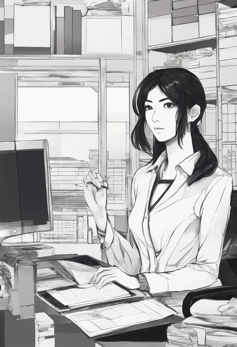 A girl with black hair, working in an office, Sitting,