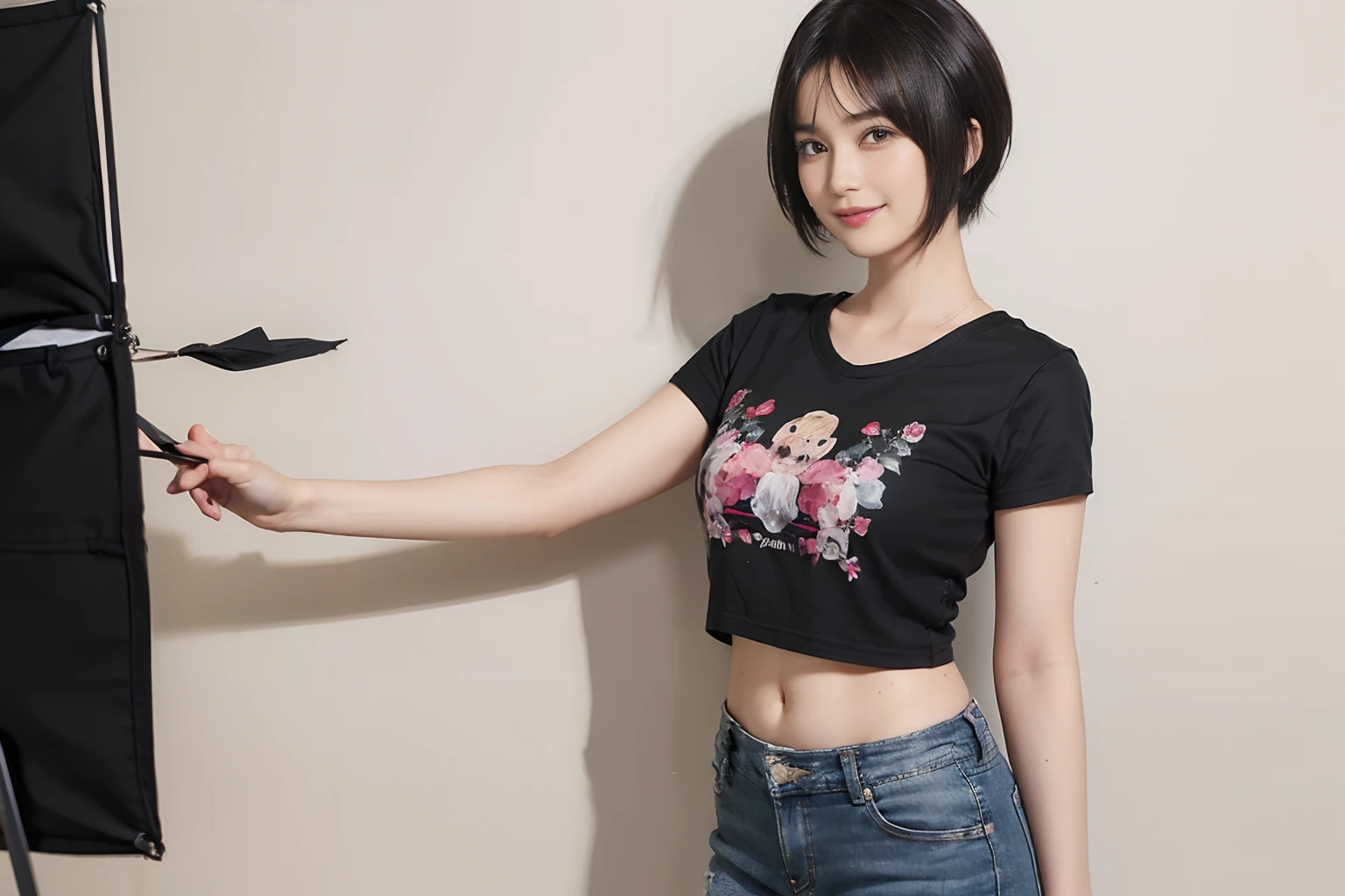 86
(a 20 yo woman,is standing), (A hyper-realistic), (masutepiece), ((short-hair:1.46)), (Smooth black hair), (Breast:1.0), (kindly smile), Wearing shorts, (Wear a T-shirt with a character design print), (Beautiful skin:1.5), Big paintings
