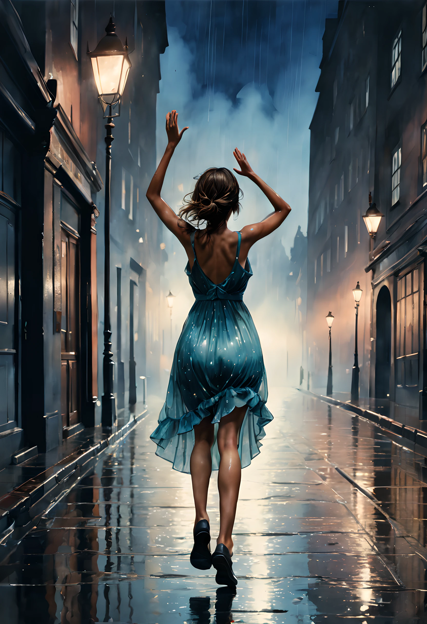 (rainy night:1.5), (ink and watercolor painting:1.5), (Tasteful:1.5), (ink and watercolor painting:1.5), (full color:1.5), 8k, 4k, (magic:1.5), (dripping paint;1.5), (night London street:1.5), (1900s:1.5), (1girl:1.3), solo, (wearing a dress:1.5), (slender:1.5), (model), (brazilian super model:1.5), (back shot:1.5), (full body:1.5), (beautiful city lighting:1.5), (light reflection:1.3), (steam:1.5), (fog:1.5), (mist:1.5), (humid:1.5), (smog:1.5), (heavy rain:1.5),(wet:1.5), (sweat:1.5), (runnning:1.5),(step:1.5), (musical:1.5),(arms up in the air:1.5), (rolling:1.5),