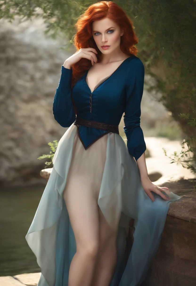 A women with a very thin waist and small breasts, huge ass, short red hair, blue eyes, soft smile