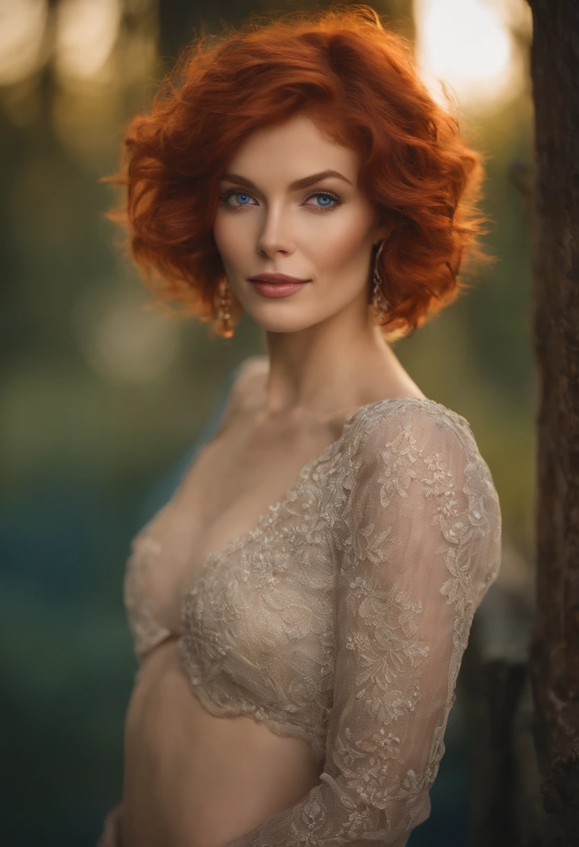 A women with a very thin waist and small breasts, huge ass, short red hair, blue eyes, soft smile