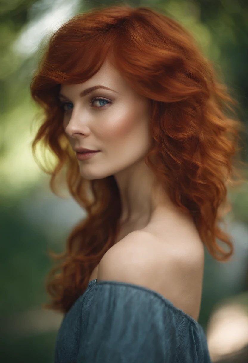 A women with a very thin waist and small breasts, huge ass, short red hair, blue eyes, soft smile