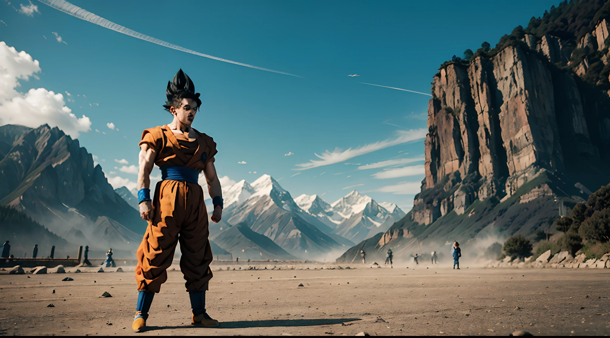 Super Saiyan Blue Goku, outdoors Martial arts training, standing atop a huge mountain