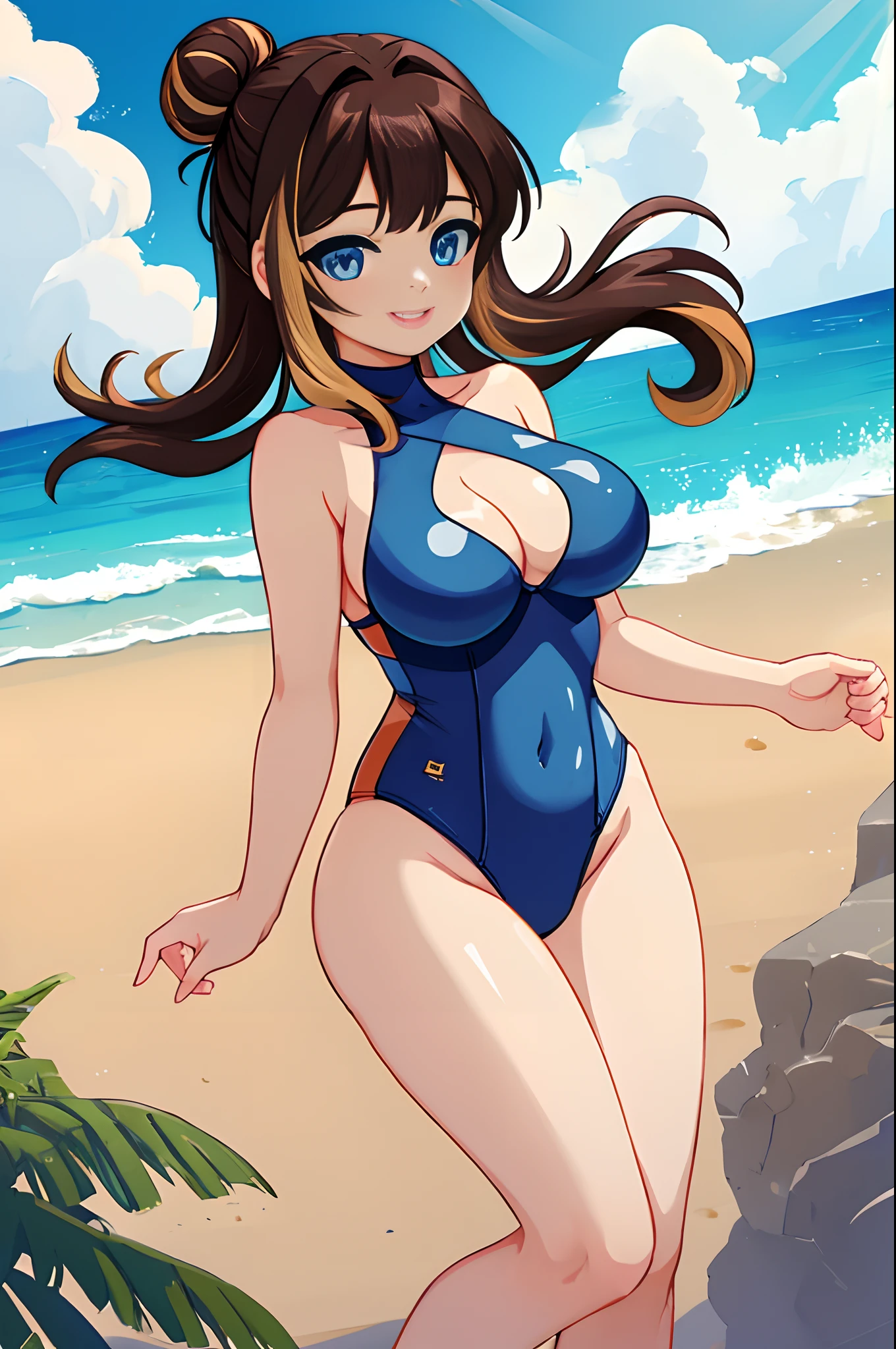 peanut, 1girl, solo,blue eyes, brown hair,multicolored hair, large breasts, smile, single hair bun, long hair, looking at viewer, breasts, swimsuit, beach, ocean, outdoors