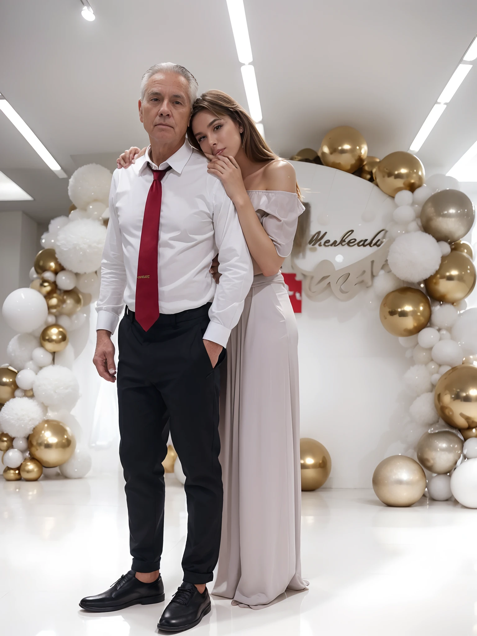 foto realista, old male, young girl, Beautiful photo, Realistic background. Golden balls, Lots of balls, exhaust, beste-Qualit, 4k quality, Men's Shoes Men, interior, White floors, White walls