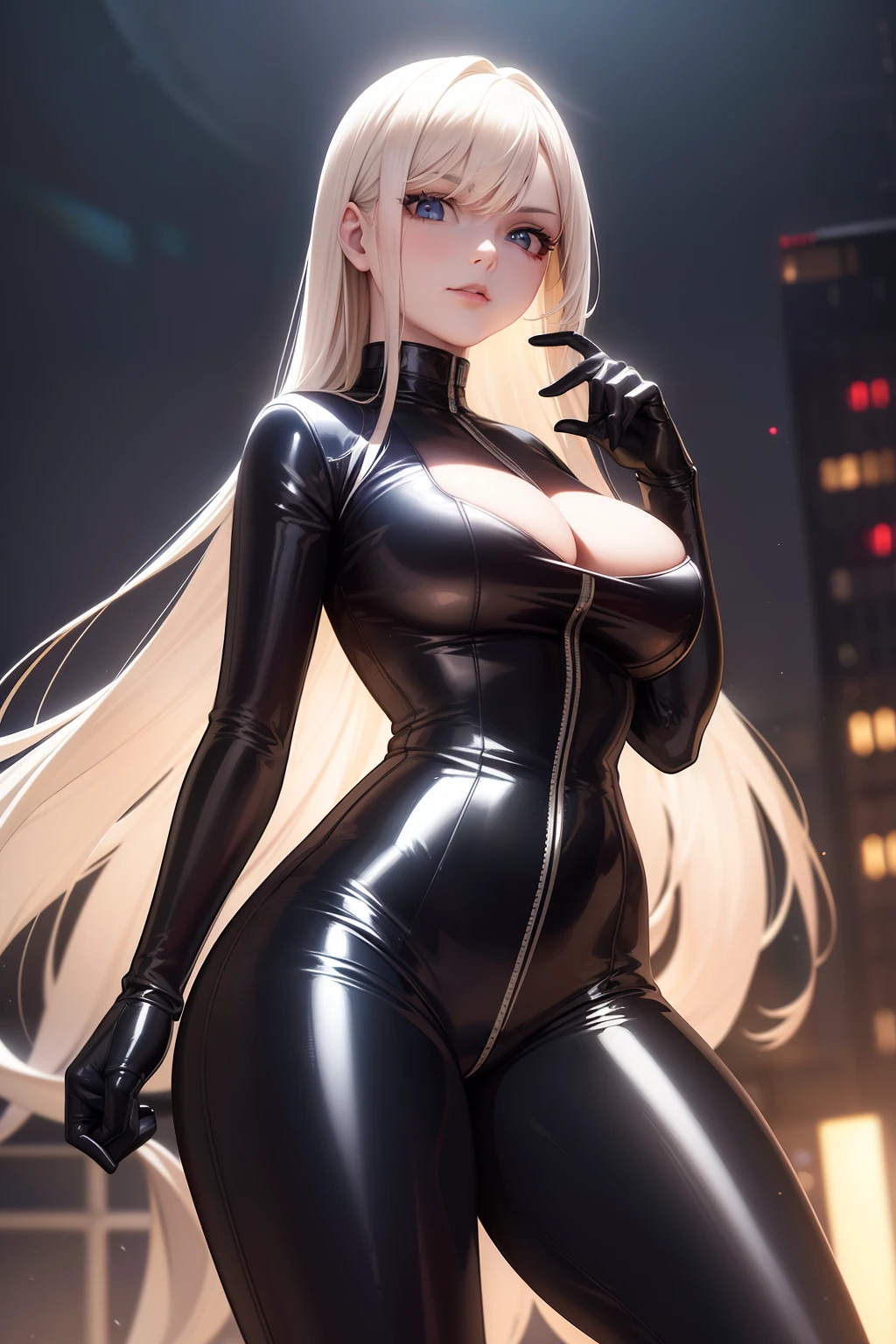 best quality,(RAW photo:1.2),(masterpiece:1.4),(photorealistic:1.4),(highres:1.4), 1girl, depth of field, flight attendant, intricately detailed,8k, extremely detailed, perfect lighting, epic background, solo, super fine photo, portrait digital art Unreal Engine 5 8K UHD of a girl, concept art, character concept design, fetish clothing, rubber clothes, wearing black latex bodysuit with straps and belts, long white latex gloves with straps, latex high heels, long hair, seduce face, cyberpunk fashion design, walking in futuristic town, night time background, best quality, masterpiece, super detailed, sharp focus, female pose
