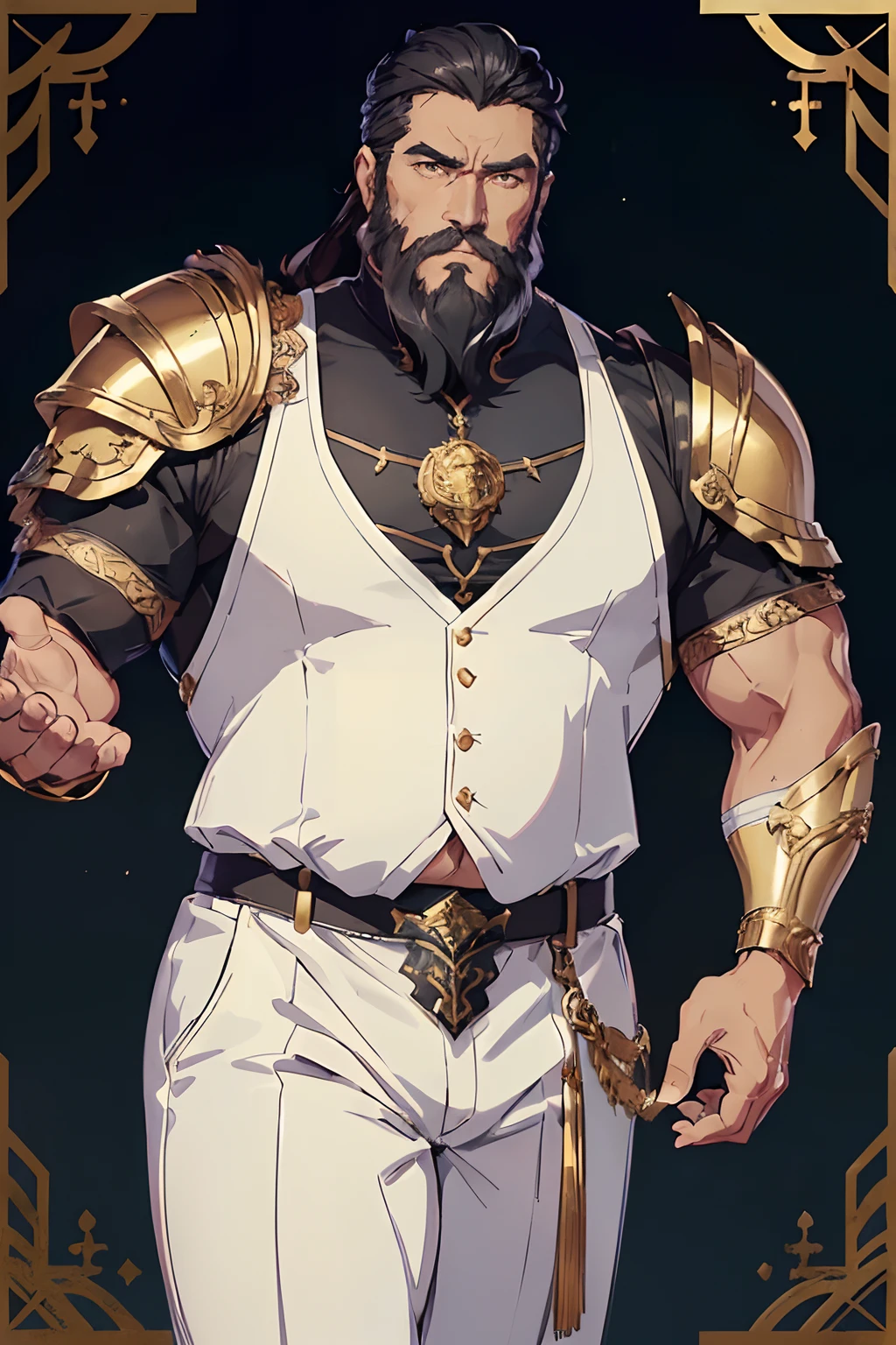 ((one man around 50 years old, muscular, with short black hair and short black beard)), (dressed fantasy style and elegantly with a white shirt and only one shoulder armor piece with a gold lion face), black pants, (ugly face), (fantasy outfit), fantasy settings,, fantasy city, (belly fat)