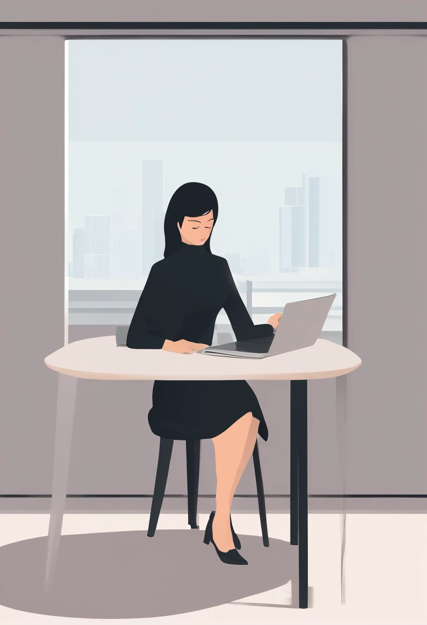 A girl with black hair, working in an office, Sitting,