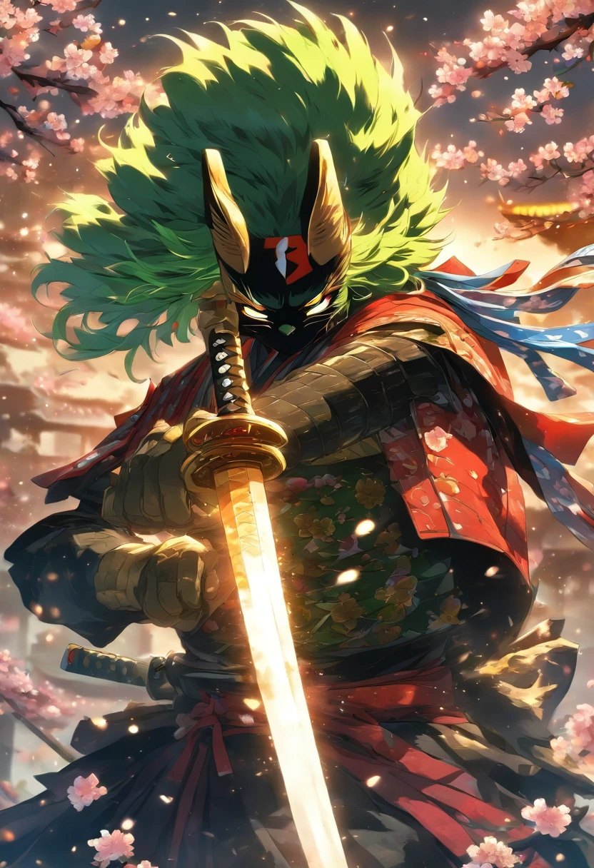 The bravest and noble cat samurai draws his sword and goes into battle, Green hair, Blue eyes, Incredibly detailed black samurai armor with sashimi military flags attached, Cherry blossoms blowing in the wind, perfect masterpiece, High quality, High resolution、Cutting through the darkness、