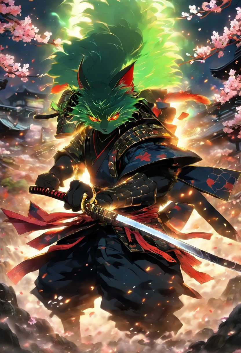 The bravest and noble cat samurai draws his sword and goes into battle, Green hair, Blue eyes, Incredibly detailed black samurai armor with sashimi military flags attached, Cherry blossoms blowing in the wind, perfect masterpiece, High quality, High resolution、Cutting through the darkness、