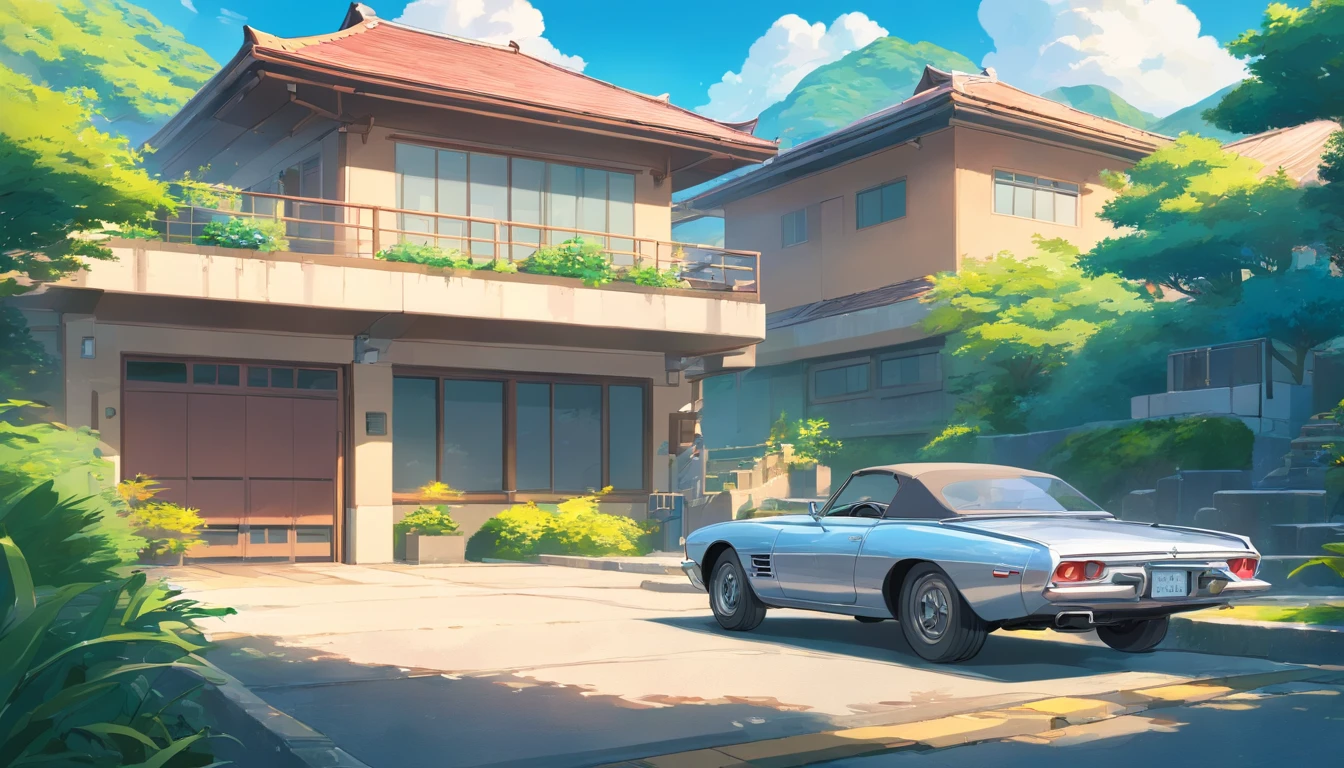 Painting of a silver convertible car at a ultra modern bungalow with rocks and lush vegetation, modern city and vulcan in the background, vulcan, Anime background art, Anime landscape, Highly detailed illustration, anime style cityscape, Makoto Shinkai's style, anime backgrounds, Anime landscapes, in the style of makoto shinkai, drawn in anime painter studio, beautiful anime scenery, Anime landscape concept art, Digital painting