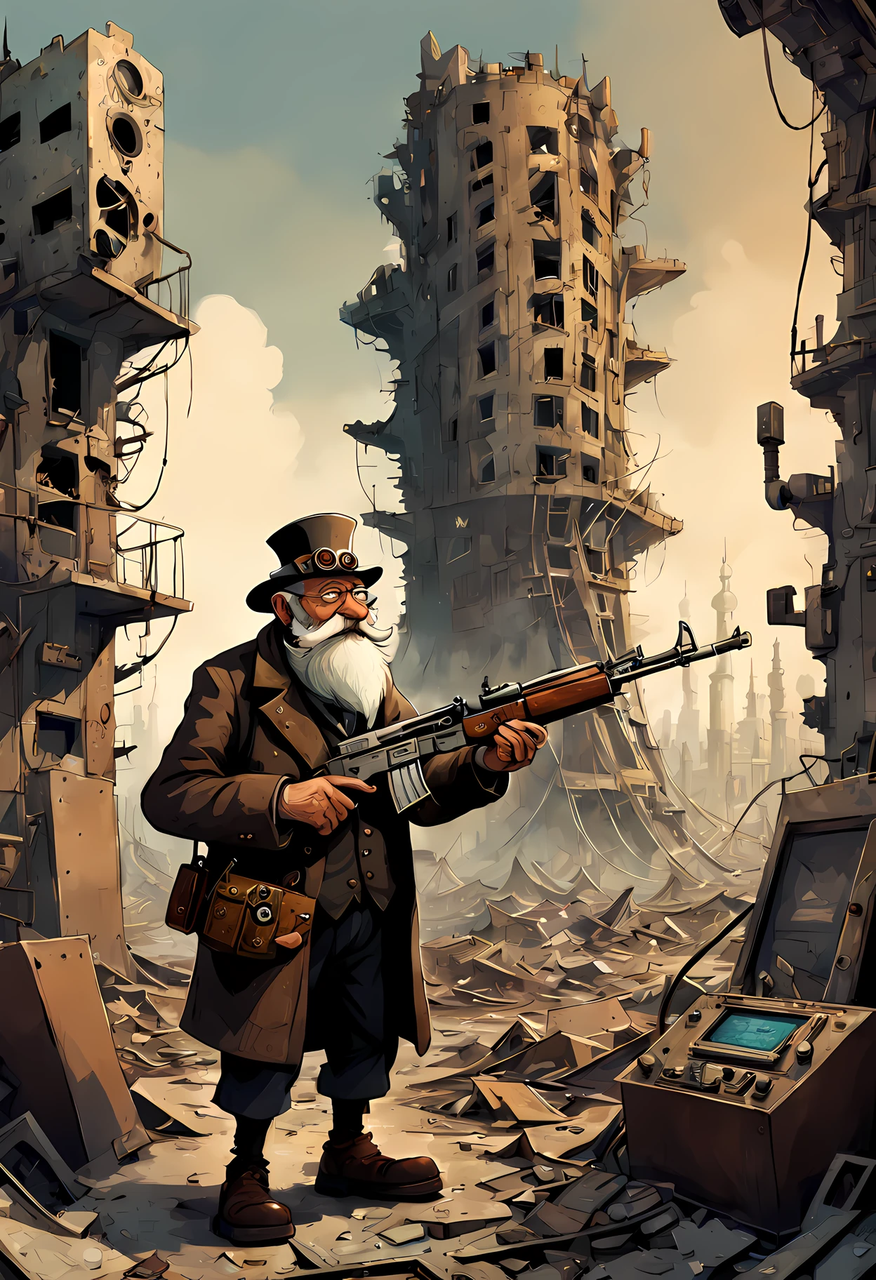 of an old man holding a ak47 in a destroyed city after a nuclear blast, steampunk happy Funny cartoonish at a complex nuclear control room, by Gediminas Pranckevicius H 704, machinarium style, intricate