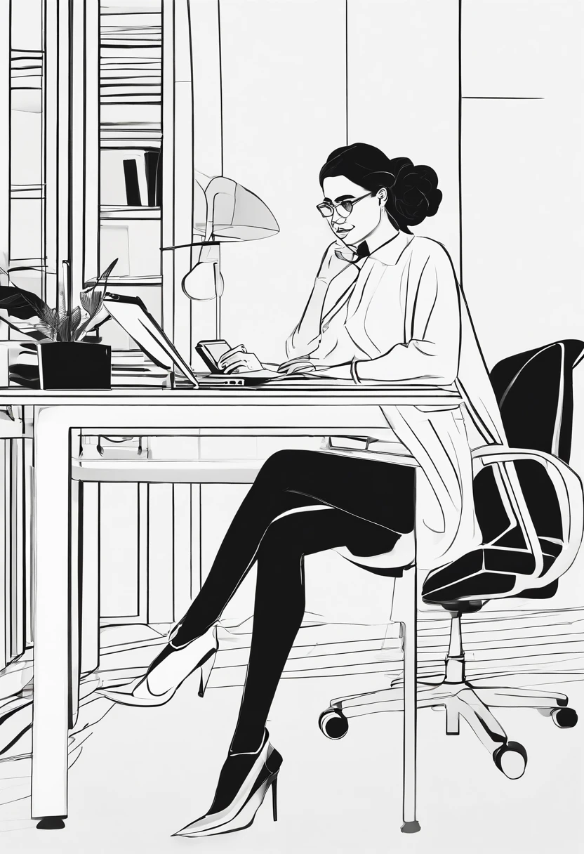 A girl with black hair, working in an office, Sitting,