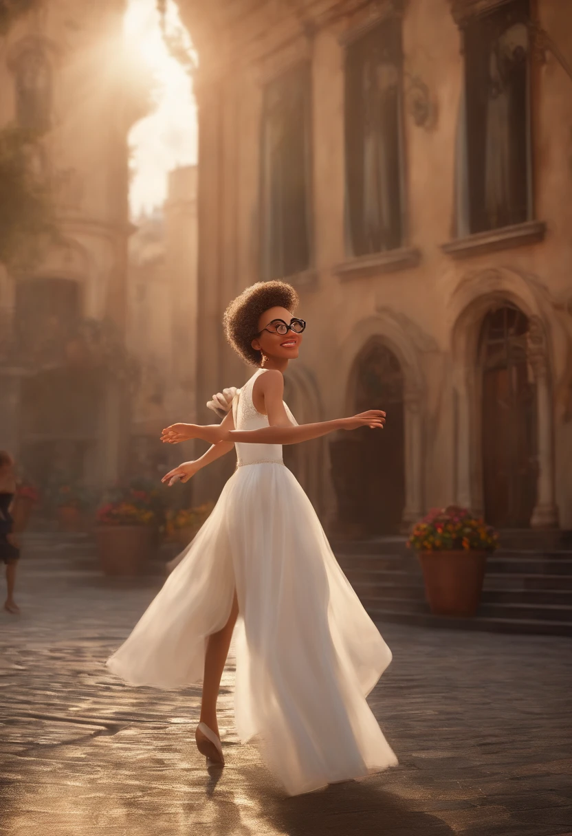 "(best quality,ultra-detalhado,Realistic:1.37),3D rendering,illustration,design de personagens,cabelos curtos e cacheados escuros,belos olhos detalhados,wearing white glasses,Estilo Pixar,morena mulher,Dancing on the Disney stage,atmosfera animada,vivid colors,luzes de palco,expression joyful"