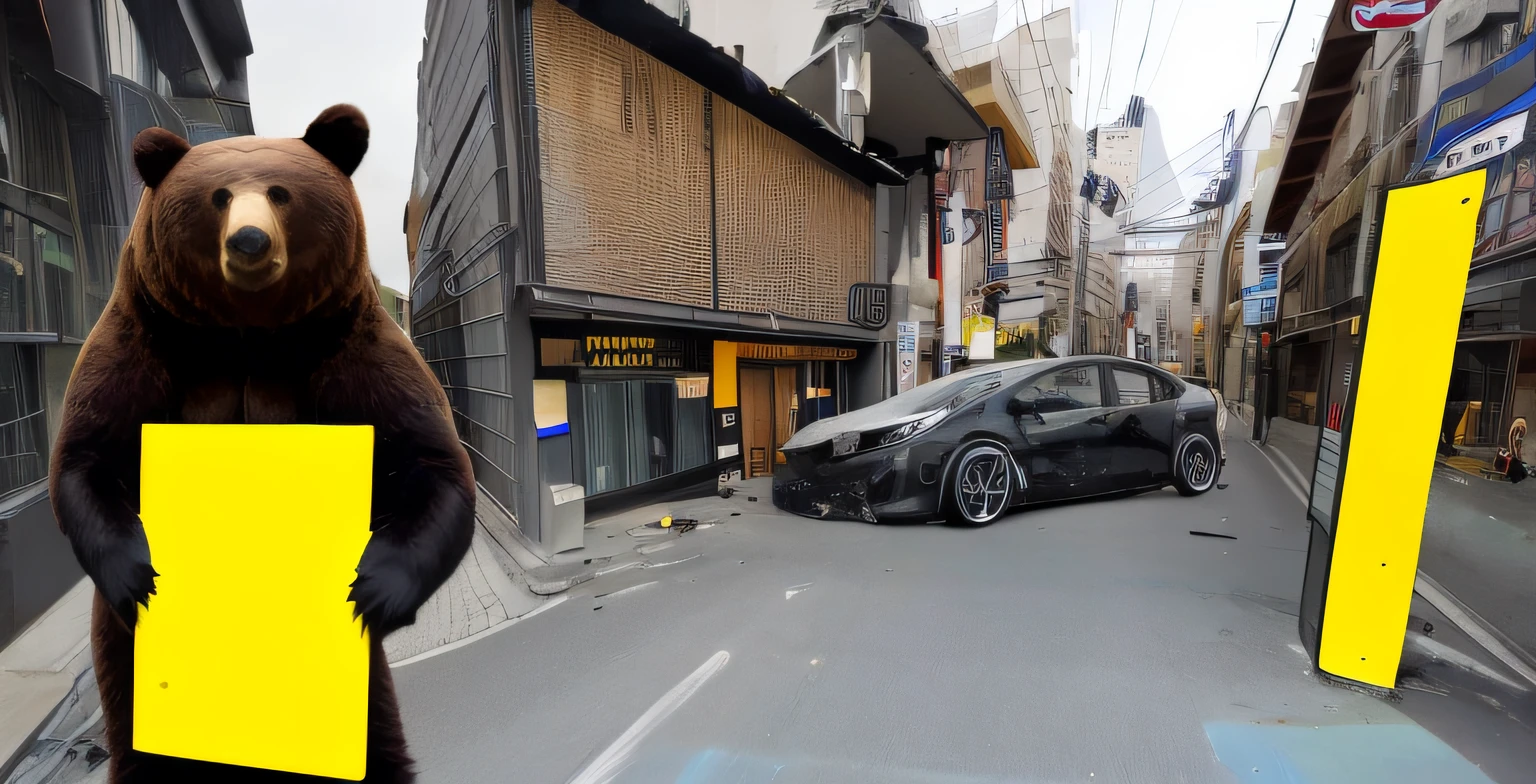 A wild bear holding a yellow signboard and a black Prius get into an accident in the city. Be real.
