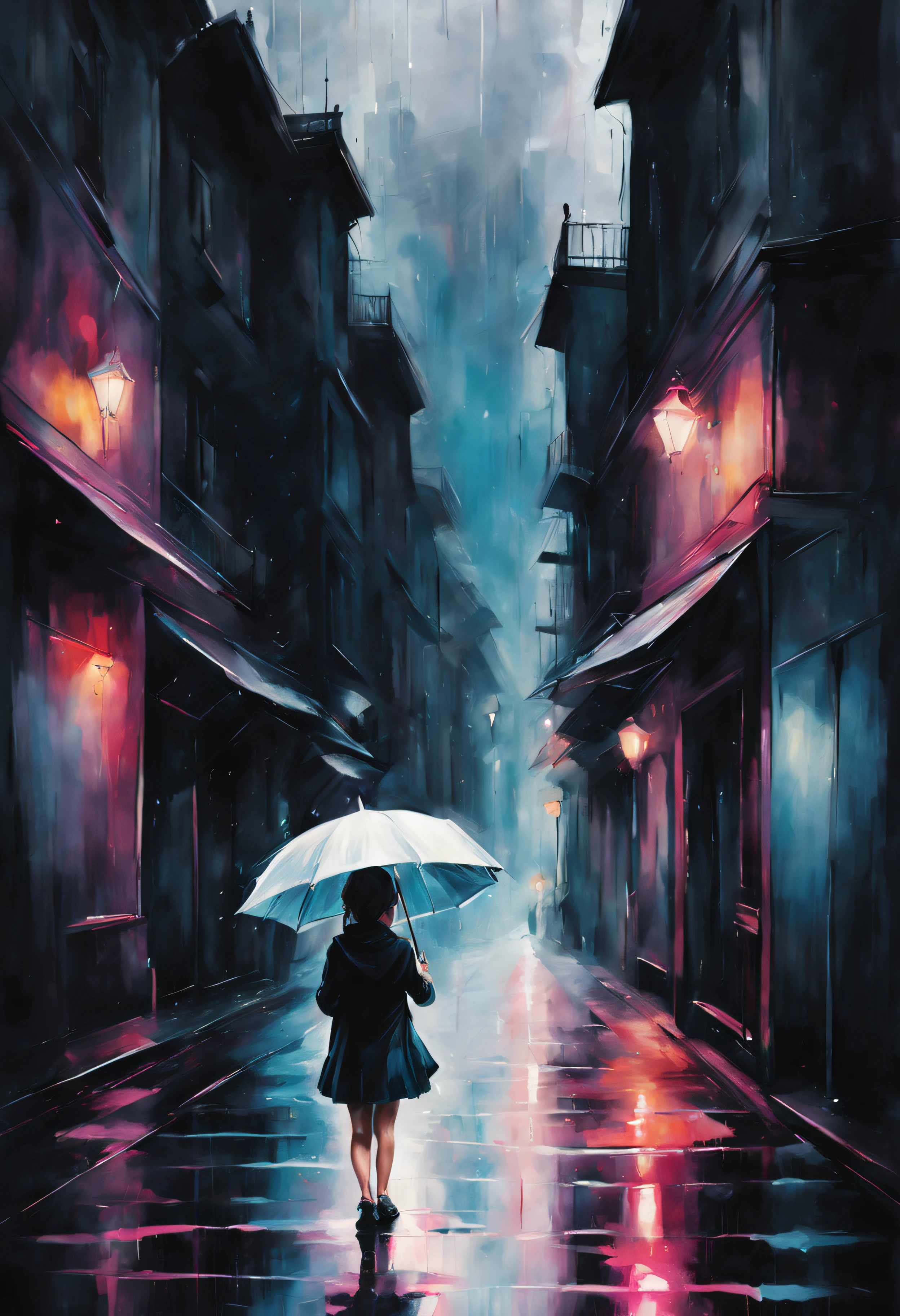 Dark rainy night, girl with white umbrella, umbrella poster, splashpunk style, paint splash