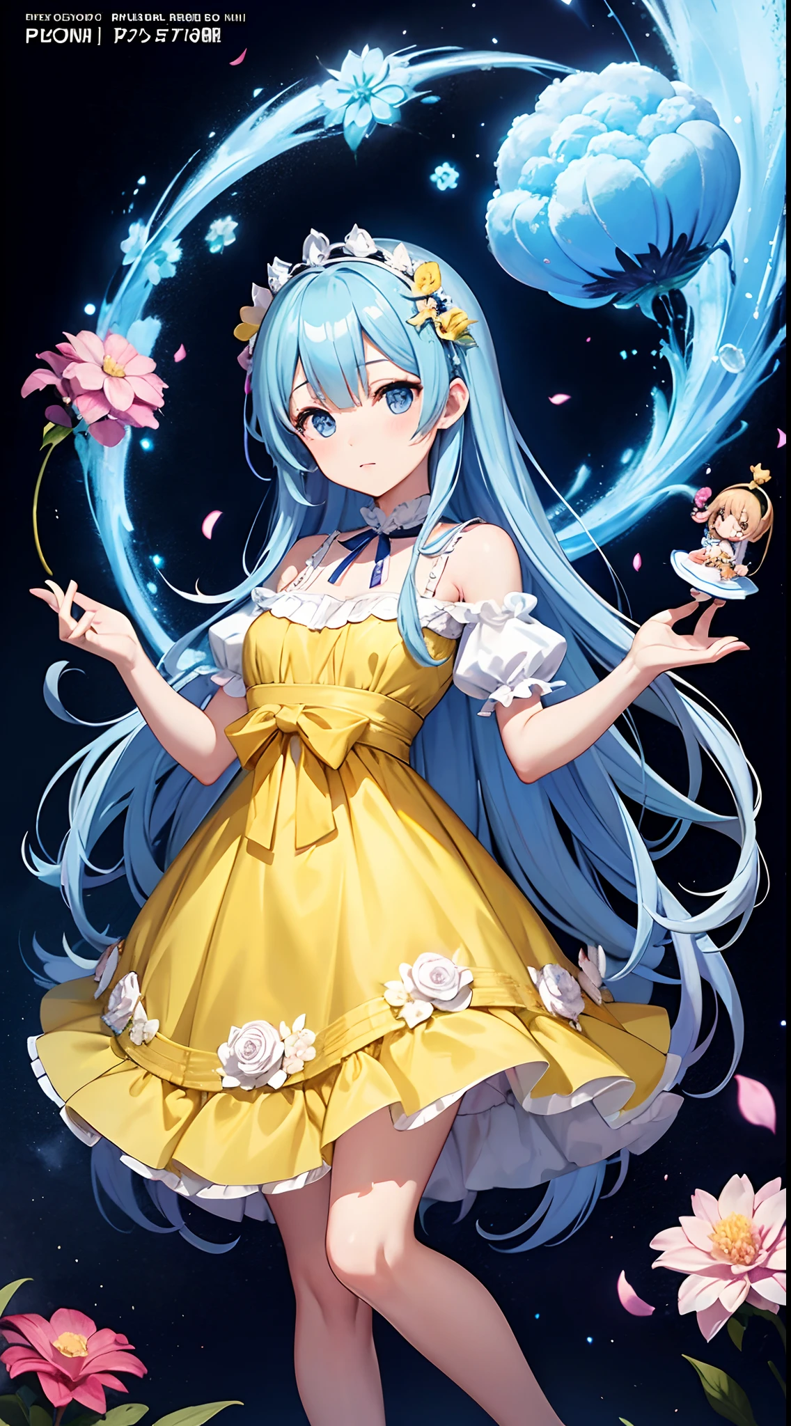 Anime girl in yellow dress with flowers, Light blue long hair、Twin-tailed、Cute anime waifu in a nice dress, loli in dress, rem rezero, offcial art, Anime princess, Lori, beatrice blue, zerochan art, royal elegant pose, official artwork, splash art anime loli, Pisif, Kushatt Krenz Key Art Women, detailed fan art, Beautiful teenage girl