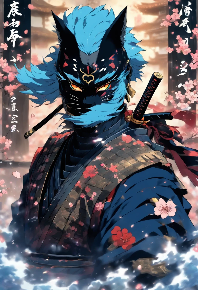 The bravest and noble cat samurai draws his sword and goes into battle, Blue hair, Blue eyes, Incredibly detailed black samurai armor with sashimi military flags attached, Cherry blossoms blowing in the wind, perfect masterpiece, High quality, High resolution、Cutting through the darkness、