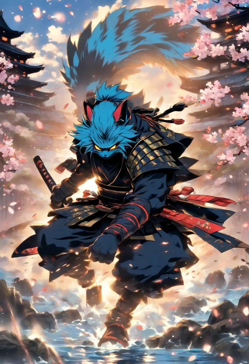 The bravest and noble cat samurai draws his sword and goes into battle, Blue hair, Blue eyes, Incredibly detailed black samurai armor with sashimi military flags attached, Cherry blossoms blowing in the wind, perfect masterpiece, High quality, High resolution、Cutting through the darkness、