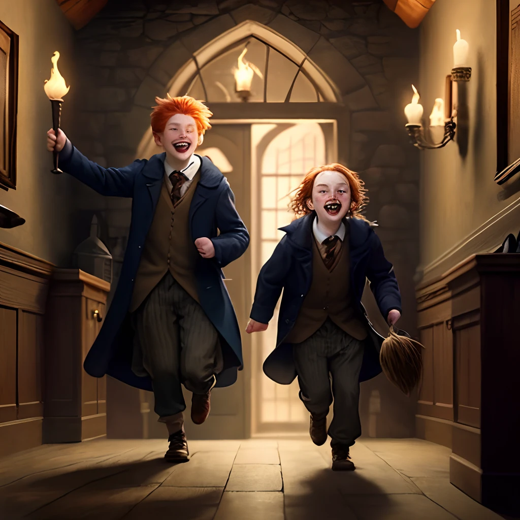 Fred and George Weasley, 12 years of age, are sprinting down the dimly lit corridors of Hogwarts School of Witchcraft and Wizardry. Their red hair is a fiery blur as they make a daring escape from Argus Filch, the cantankerous caretaker. They're clutching their broomsticks tightly, laughter on their lips, as they navigate secret passageways and hidden doors to outwit Filch in the pursuit. The torches along the walls flicker as the twins make their way through the castle, their mischievous spirits shining even in the face of danger.
