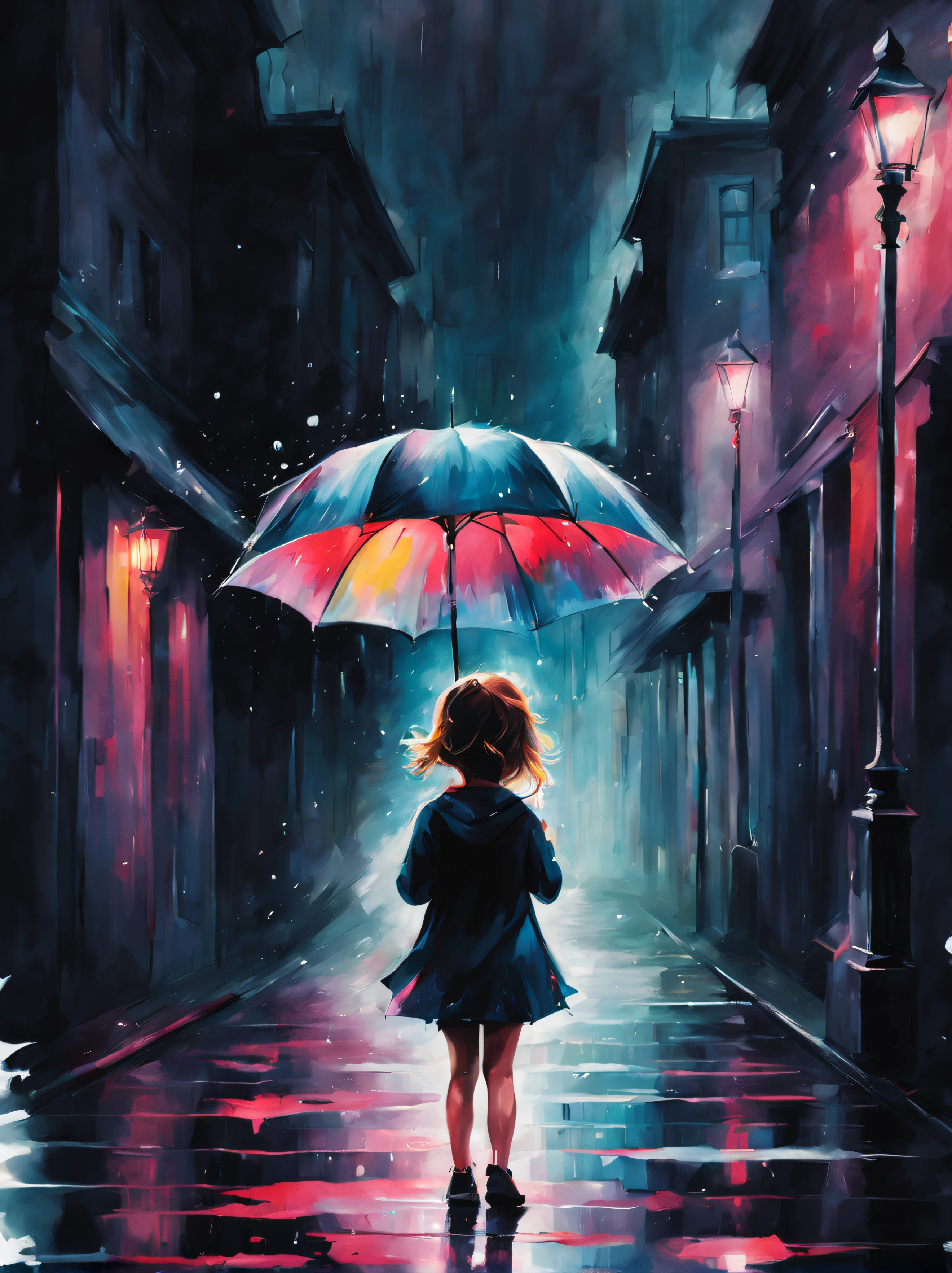 Dark rainy night, little girl with white umbrella, umbrella poster, splashpunk style, paint splash