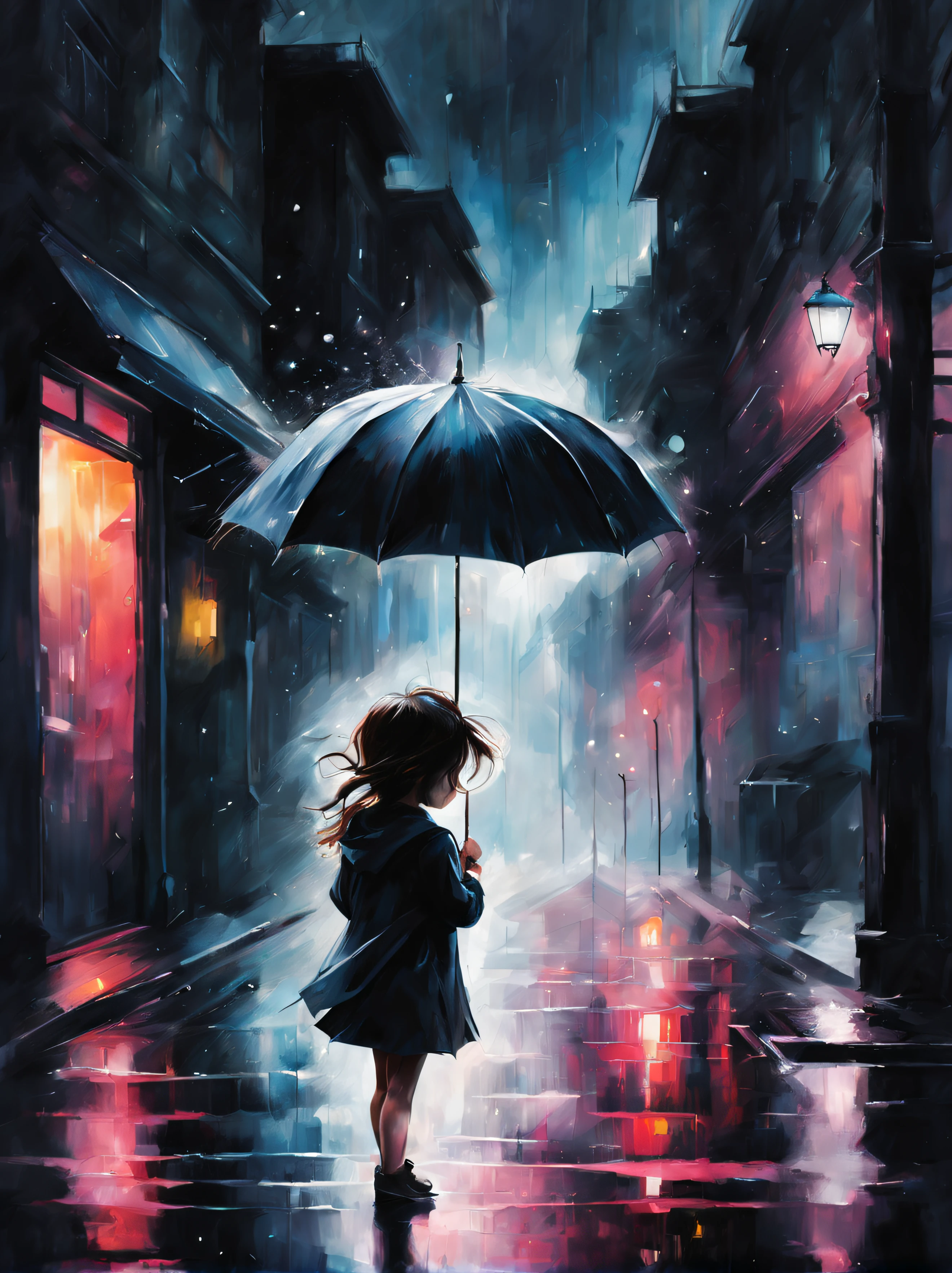 Dark rainy night,  girl with white umbrella, umbrella poster, splashpunk style, paint splash