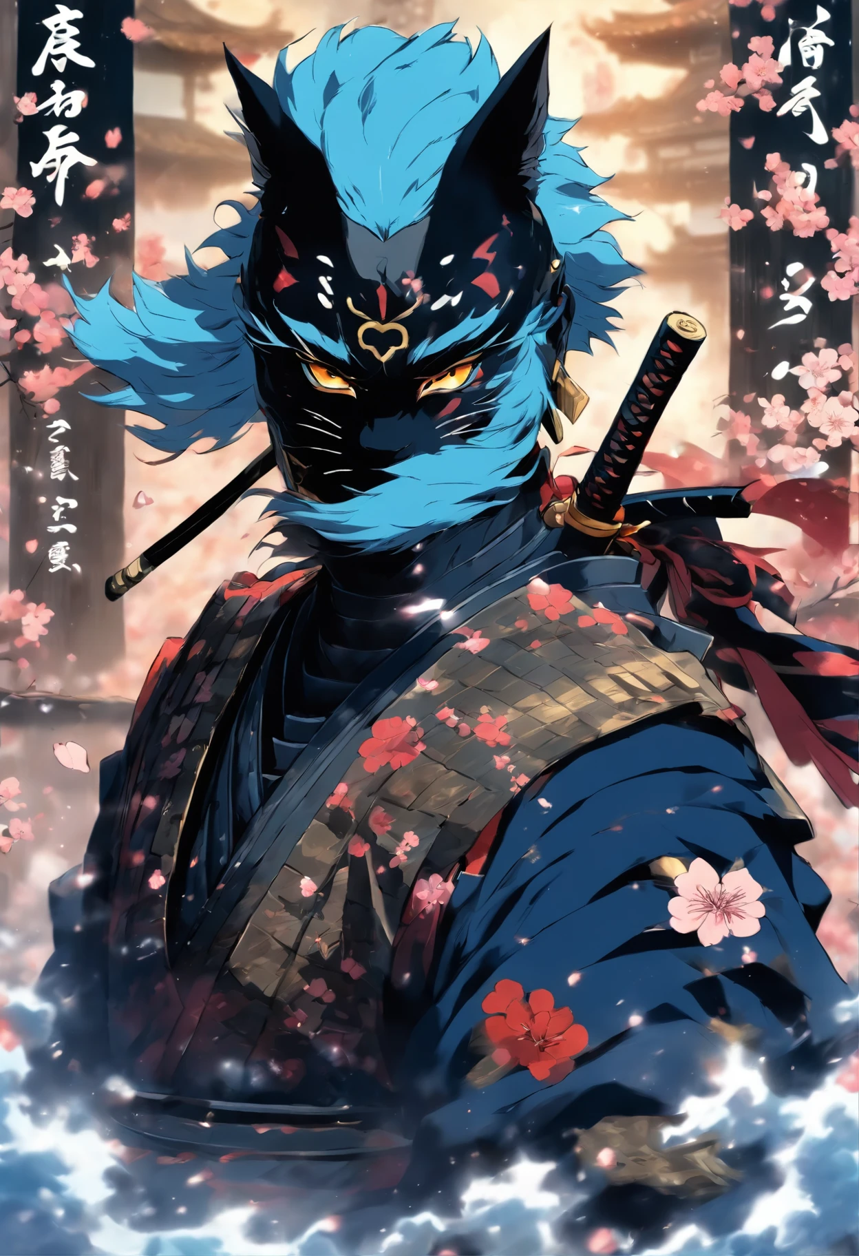 The bravest and noble cat samurai draws his sword and goes into battle, Blue hair, Blue eyes, Incredibly detailed black samurai armor with sashimi military flags attached, Cherry blossoms blowing in the wind, perfect masterpiece, High quality, High resolution、Cutting through the darkness、
