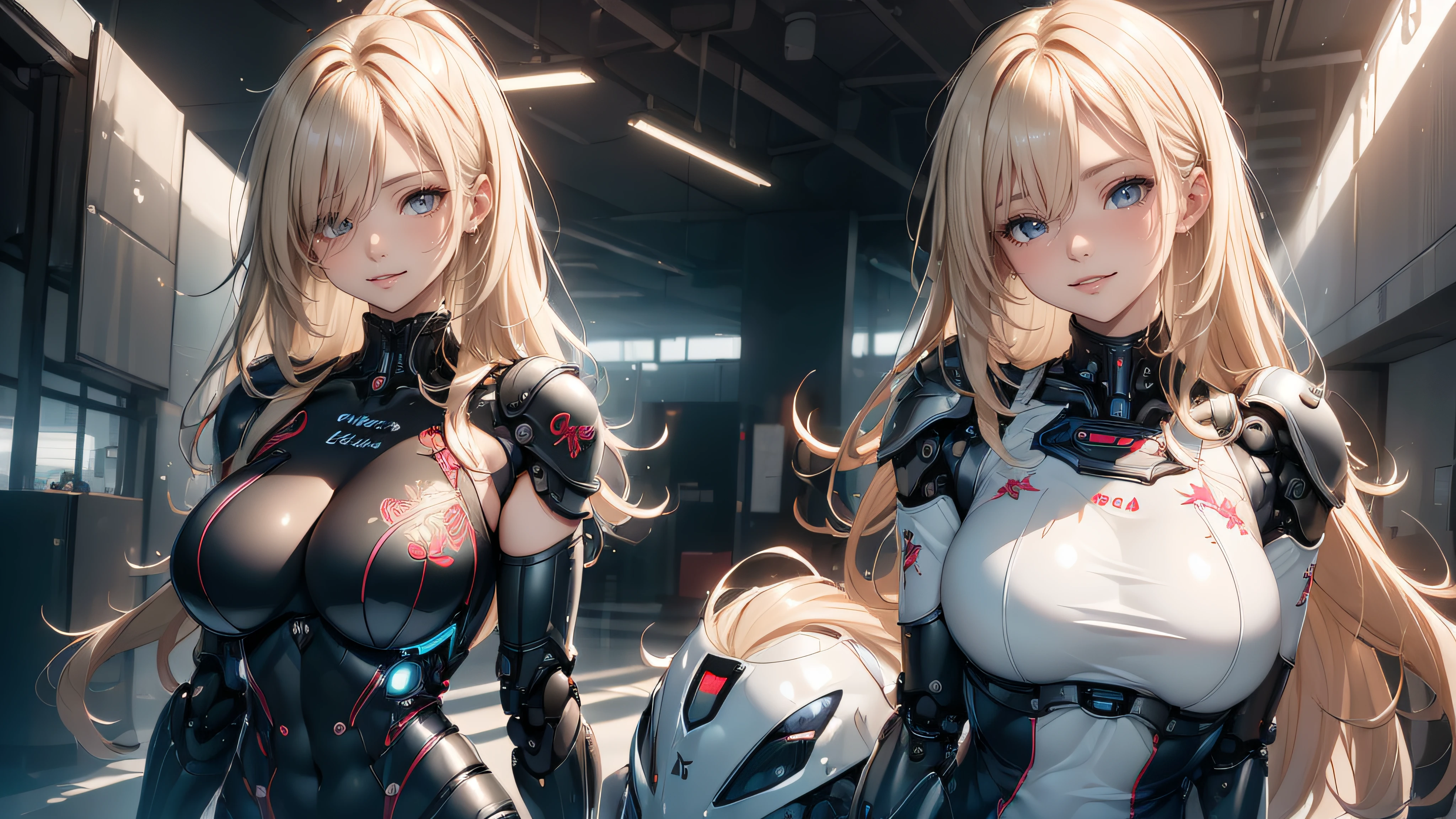 ((1girl:1.5),(embroidered cybernetic body:1.5),large breast,(mechanical breast armor:1.5)),(Highest image quality, outstanding details, ultra-high resolution, (realism: 1.4), the best illustration, favor details, highly condensed 1girl,(Sense of presence:1.5),(Dynamic:1.5),(bold:1.5)),(thin hair:1.8),(straight hair:1.5),(Swept long bangs:1.5),(extra light coppery amber hair),((hair over one eye:1.2)),riding on a motorcycle,the background is a high-tech lighting scene of the future city