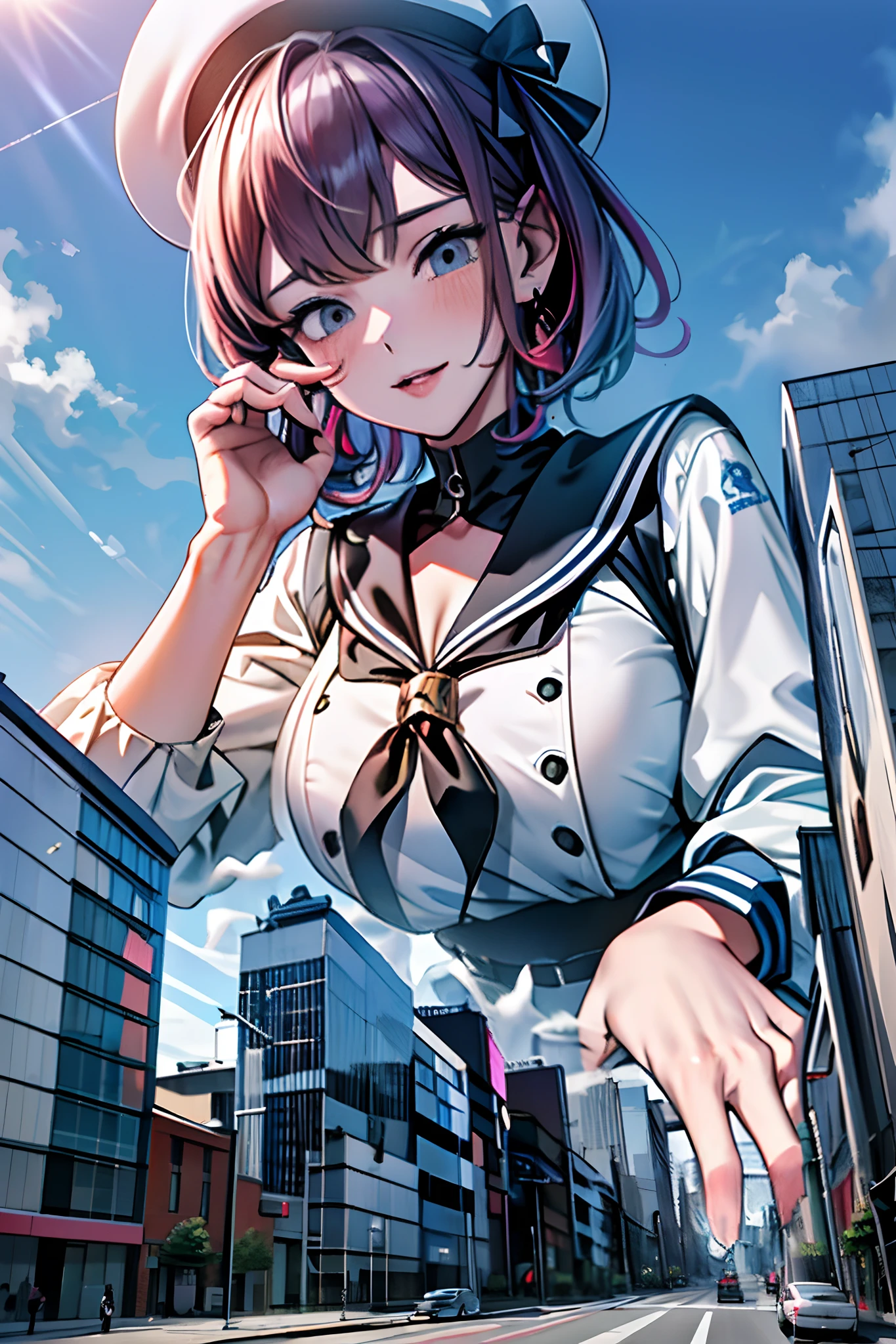 Giant maiden in sneakers，der riese、Girl taller than the building，from below, round and large eyes、kawaii eyes、a purple eye、short-hair、teak、lip、a sailor suit，huge tit、cleavage of the breast、a miniskirt、Modern miniature buildings、top-quality、Watercolor style、