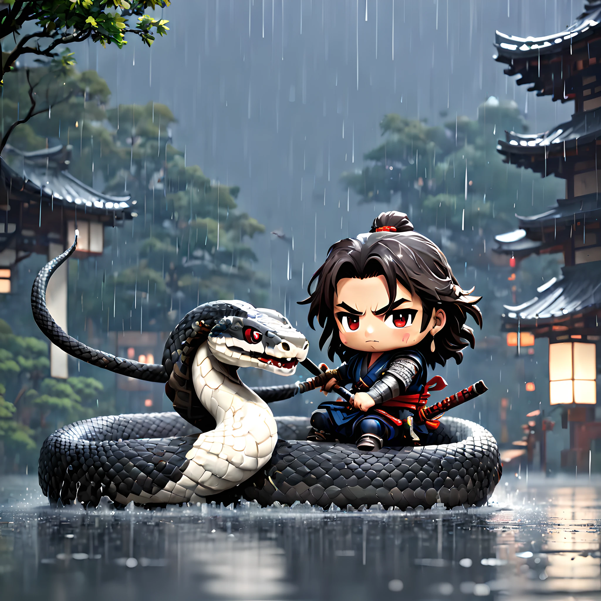 (Pixel art:1.5), (pixel theme:1.5), (chibi emote:1.5), (chibi character:1.5), (japanese game character:1.5), (fantasy:1.5), (rainy night:1.5), (heavy rain:1.5), (1japanse samurai:1.5), (1samurai and big snake:1.5), (Decisive Battlefield:1.5),(Big snake:1.5), (White Snake:1.5), (Yamata no Orochi:1.5), (ancient Japanese backgorund:1.5, 1400s:1.5), (riding big snake:1.5),