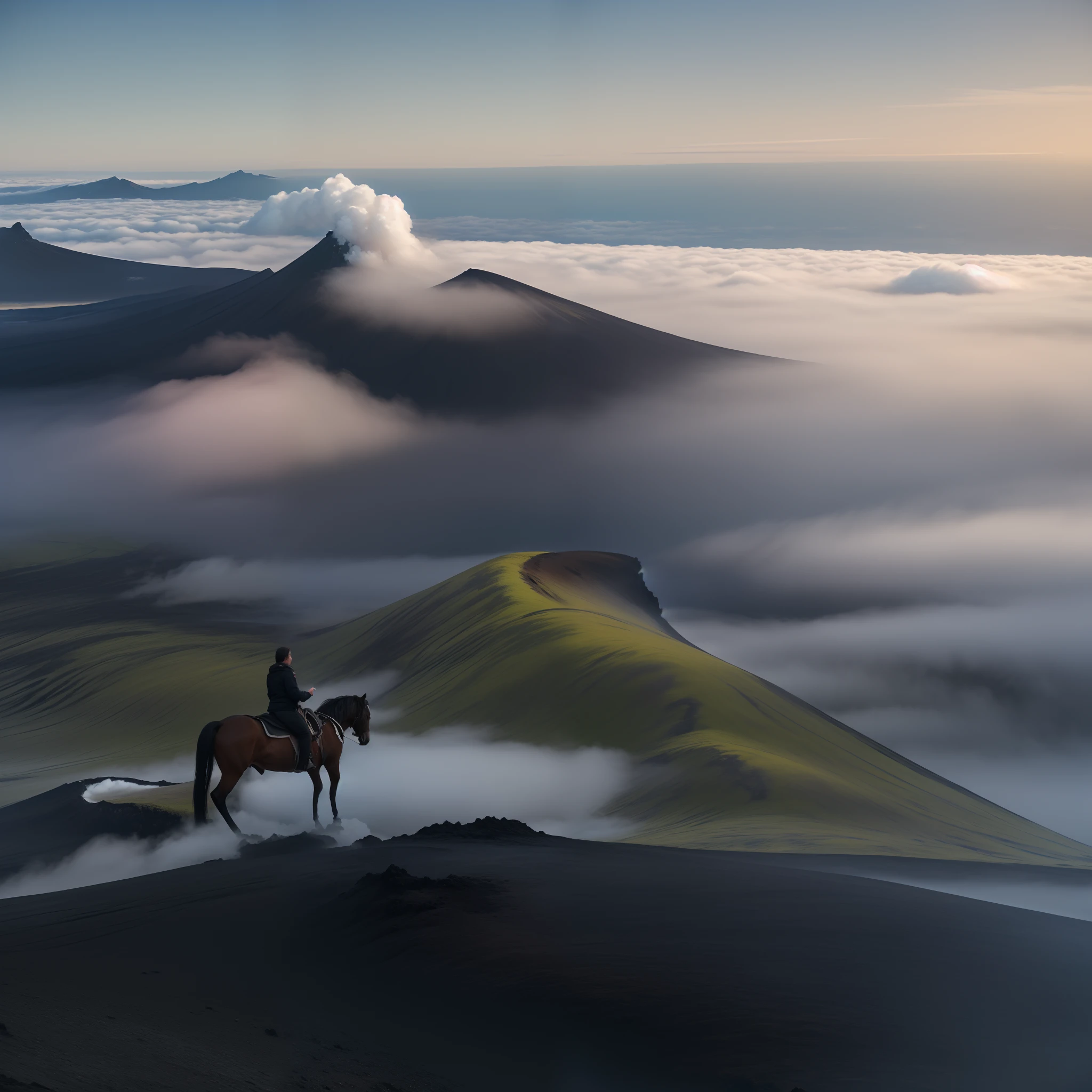 Someone rides a horse on a mountain road above the clouds, walking above the clouds and fog, Above the clouds, upon the clouds, rise above clouds, black volcano afar, wanderers traveling from afar, In the clouds, view above the clouds, Volcanic fog, iceland, iceland photography, epic and stunning, heaven in the top, Breathtaking landscapes