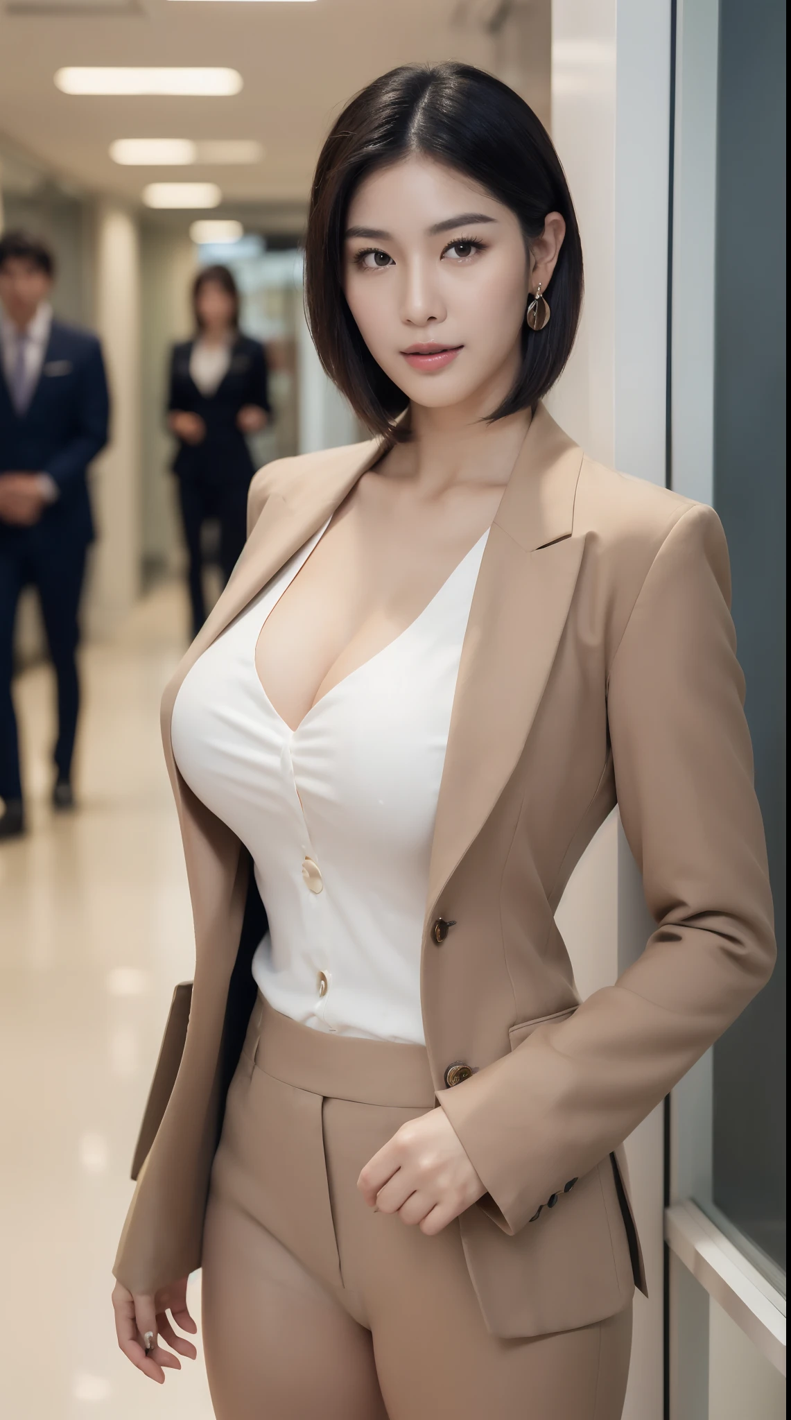 (8K, Best Quality, masutepiece, Realistic, ultra-detailliert:1.3), (1girl in, Cute Japan politician), (Suit jacket, tight miniskirt:1.3), Smile, (Big breasts, cleavage, Perfect body:1.3), (Naked:1.2), Bangs, Necklace,