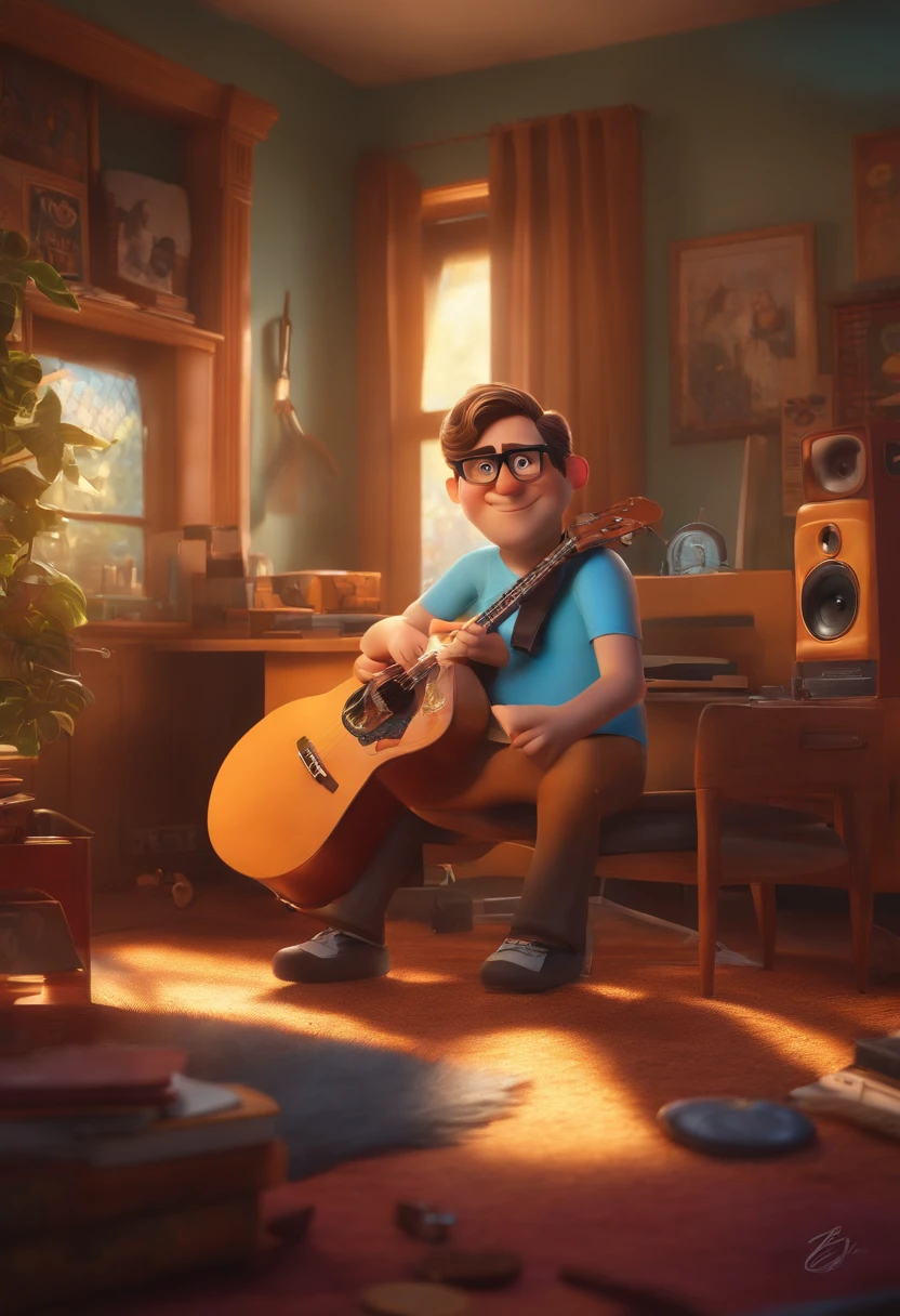 um homem, em breve, sem oculos , olhos castanhos, com fones de ouvido, A music studio in the background, Imagem no estilo Pixar, Estilo de filme animado 3D, Disney, camiseta preta