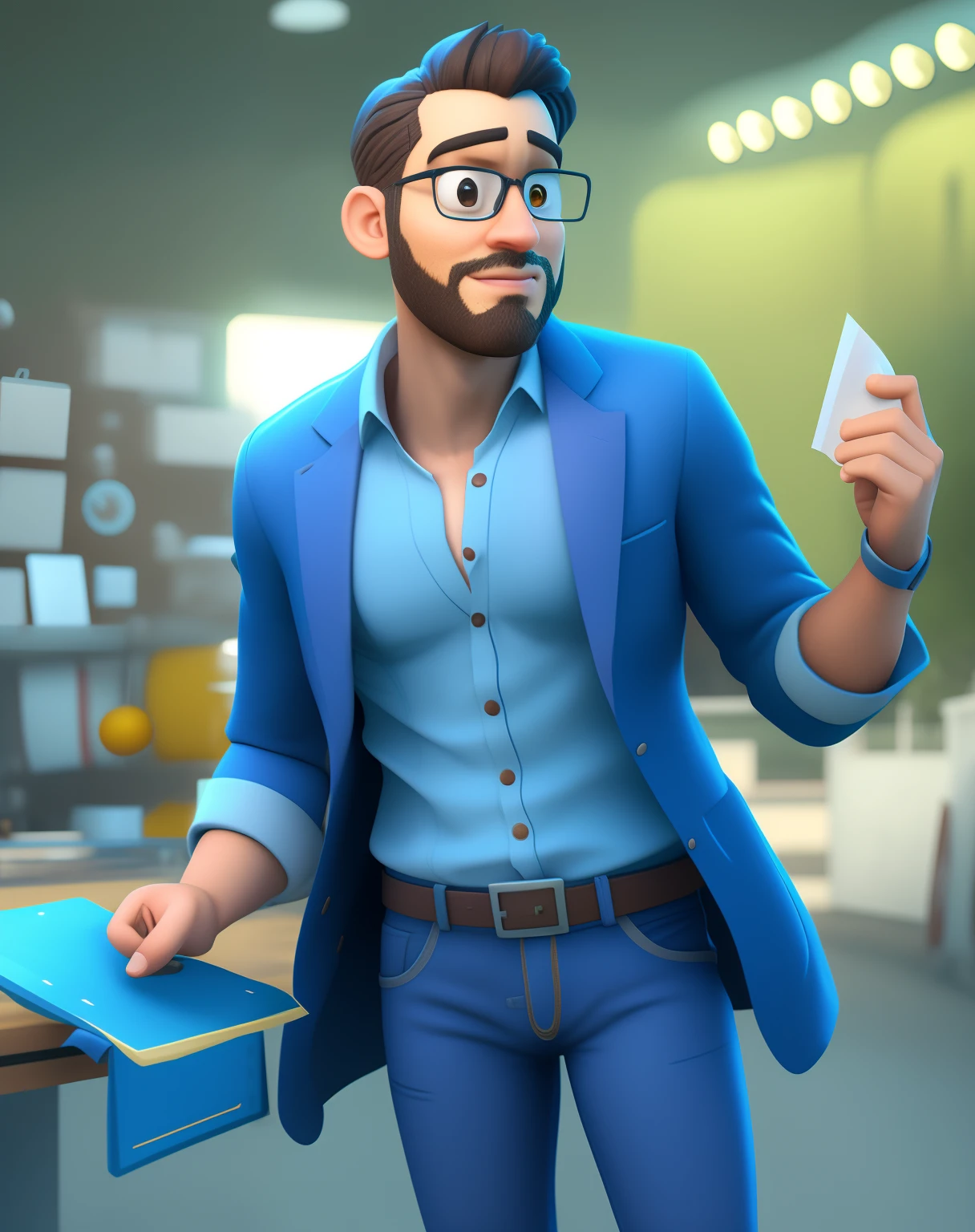 Man in blue jacket holding a piece of paper, semi-realistic rendering, 3 d render stylized, animation style rendering, 3d rendering stylized, stylized as a 3d rendering, promotional render, Artista CG, realista estilo 3d, super detailed rendering, toon render keyshot, animation character, cena detalhada, estilo de arte fotorrealista