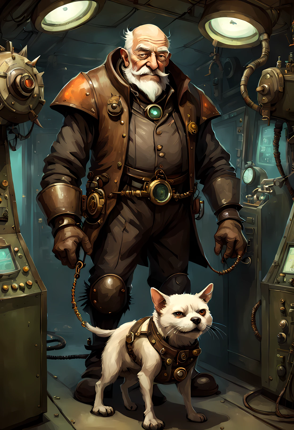an old man with his giant dethclaw pet on a leash, steampunk happy Funny cartoonish at a complex nuclear control room, by Gediminas Pranckevicius H 704, machinarium style, intricate