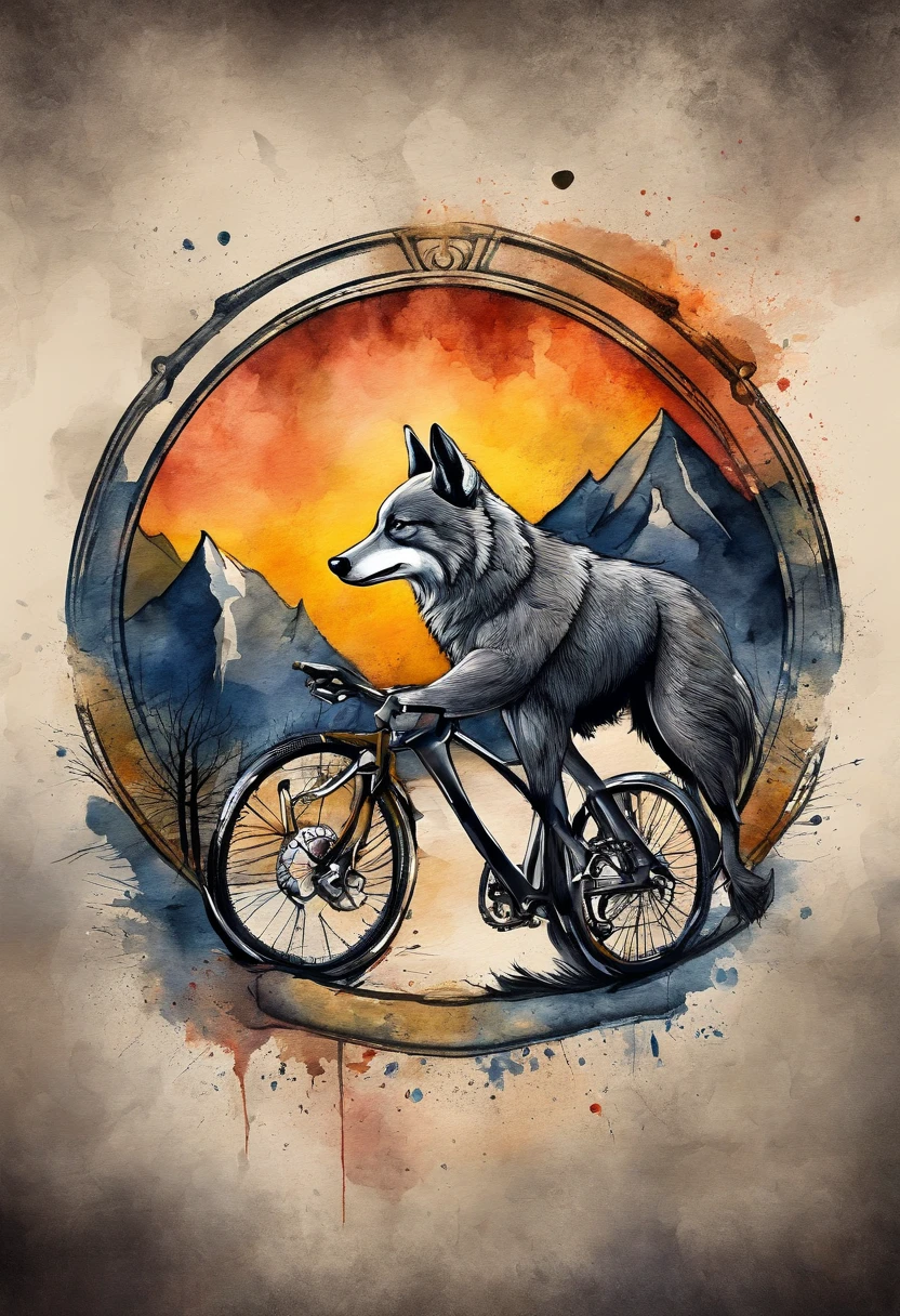 logo para ciclismo de montanha, montanha no fundo, lobo feroz na frente, metalico, dourado e preto,
