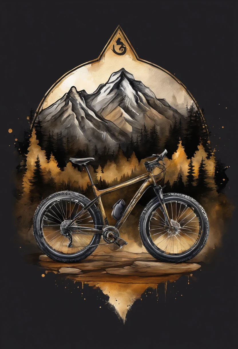 logo para ciclismo de montanha, montanha no fundo, lobo feroz na frente, metalico, dourado e preto,
