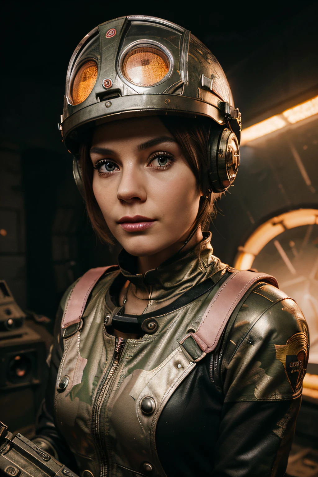 A toon Crazy whit a Big ONE a Only Eye Robot CCCP Soviet, and helmet Style, tongs in hands, Tv head, pinhead, camouflage Gold Silver Pink Rusty, Ambient in a meteorite crater super detailed, center, beautiful, soft lighting, focused on the character, 4K resolution, photorealistic rendering,
