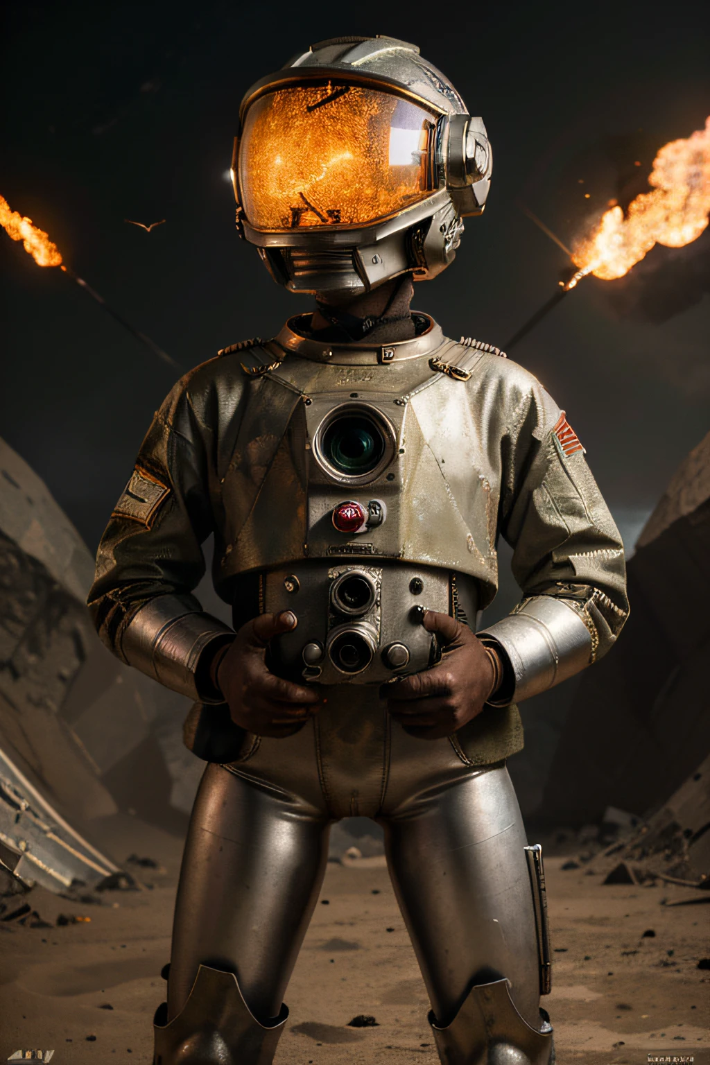 A toon Crazy whit a Big ONE a Only Eye Robot CCCP Soviet, and helmet Style, tongs in hands, Tv head, pinhead, camouflage Gold Silver Pink Rusty, Ambient in a meteorite crater super detailed, center, beautiful, soft lighting, focused on the character, 4K resolution, photorealistic rendering,