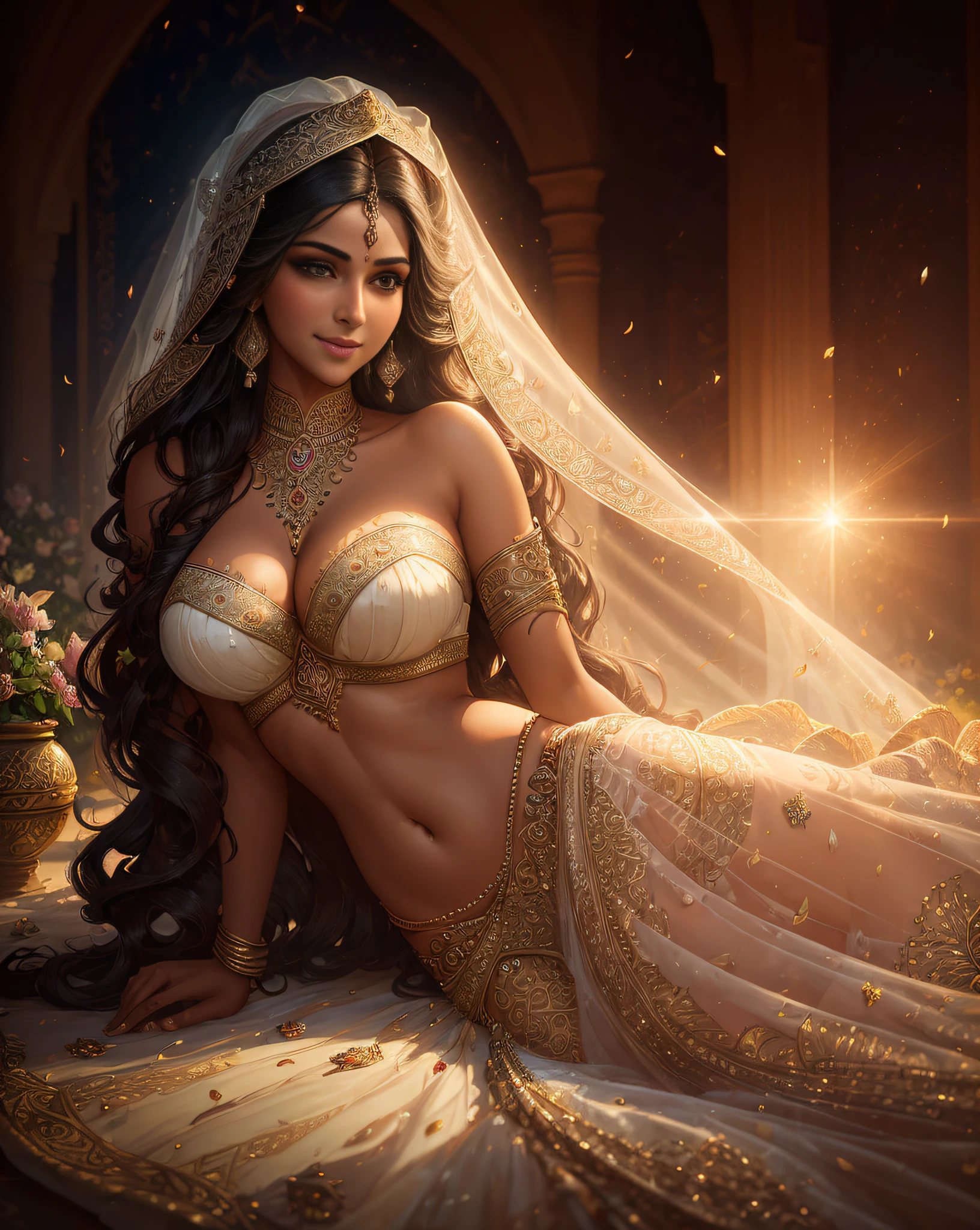 (masterpiece fantasy photography:1.3) of a (solo full body:1.3) ravishing elegant curvy supermodel Sonam Bajwa as fantasy bride, in a elegant garden wedding, wearing shimmering magical lehenga and blouse, navel, glittering henna tattoos, lavish flower decorations, (ravishing long wavy backlit hair), enchanting afternoon, (intricate kohl lined eyes:1.3), (adorable smile:1.3) soft dramatic lighting, flower bouqets everywhere, backlit, light rays, highly detailed, trending on artstation, paint splashes, rich colour, fantasy portrait, by atey ghailan & greg Rutkowski