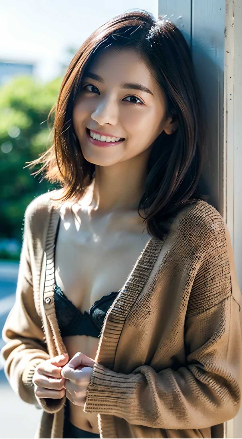 nffsw:0.8,(Photorealsitic:1.4)、(hyper realisitic:1.4)、(realisitic:1.3)、(Smooth lighting:1.05)、(Improved lighting quality in movies:0.9)、32K、1girl in、32years old、Realistic lighting、Back lighting、Facial light、raytrace、(brightened light:1.2)、(enhanced quality:1.4)、(Top quality real texture skins:1.4)、finely eye、finerly detailed face、Fine quality eye、(sano, Delighted)、Cute woman looking back at the pedestrian crossing、Esbian on the knee、(facing back)、hip focus、Dark khaki cardigan in sweater material、Wear a bra under a cardigan、The color of the bra is moss green、A smile、Smile with open mouth、sexy facial expression、The height is 157 cm、A-cup body shape、flat breast、Pretty women:1.3、A-cup、very slender body:2.8、(Medium Hair、Super small breasts:1.8)、very flat chest:1.8、very slender body、Slender Abs、Slightly larger loose panties、The shape of the buttocks is visible、Small buttocks