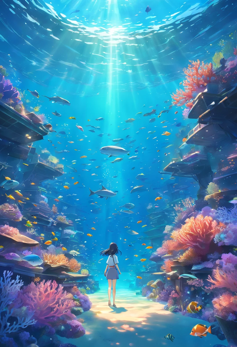 Conceptual Art of Marine Life, Undersea scenery, Marine life，Beautiful coral reefs come in many shapes, 。.。.3D，, Fish, Women Animated Fantasy Illustration. Long gray hair scattered in the sea, drift, Very harmonious. The whole painting adopts a messy and imaginative painting style. Colors are bright and saturated, And with smooth lines. The mystery and beauty of the sea, This picture is、It depicts an underwater world full of vitality and vitality, Animation Art Wallpapers 8K